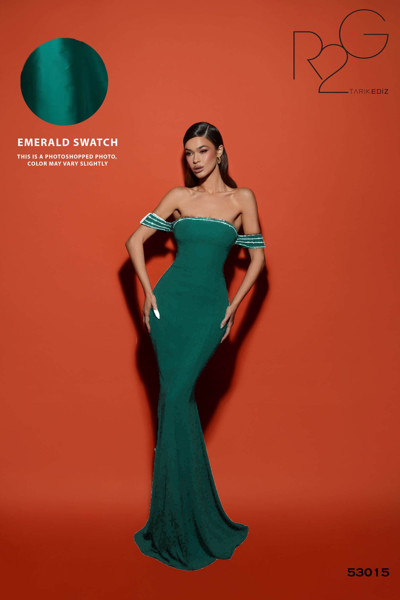 Tarik Ediz 53015 emerald Crepe Fabric Off-The-Shoulder Neckline Dress
