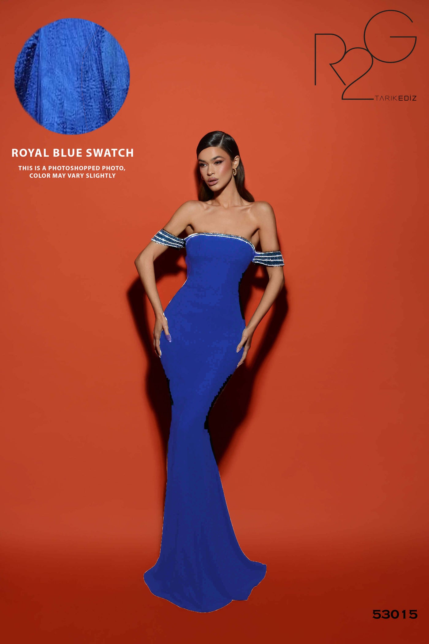 Tarik Ediz 53015 royal blue Crepe Fabric Off-The-Shoulder Neckline Dress