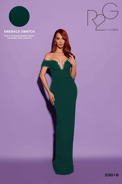 Tarik Ediz 53016 Emerald Off Shoulder V-Neckline Crepe Fitted Evening Dress