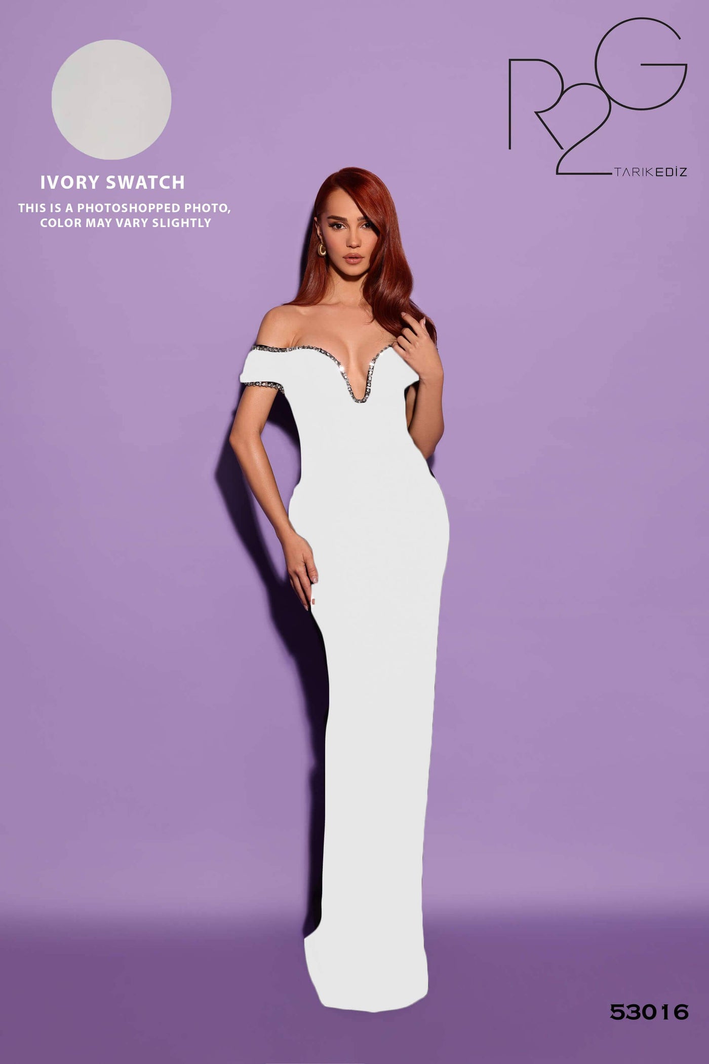 Tarik Ediz 53016 Ivory Off Shoulder V-Neckline Crepe Fitted Evening Dress