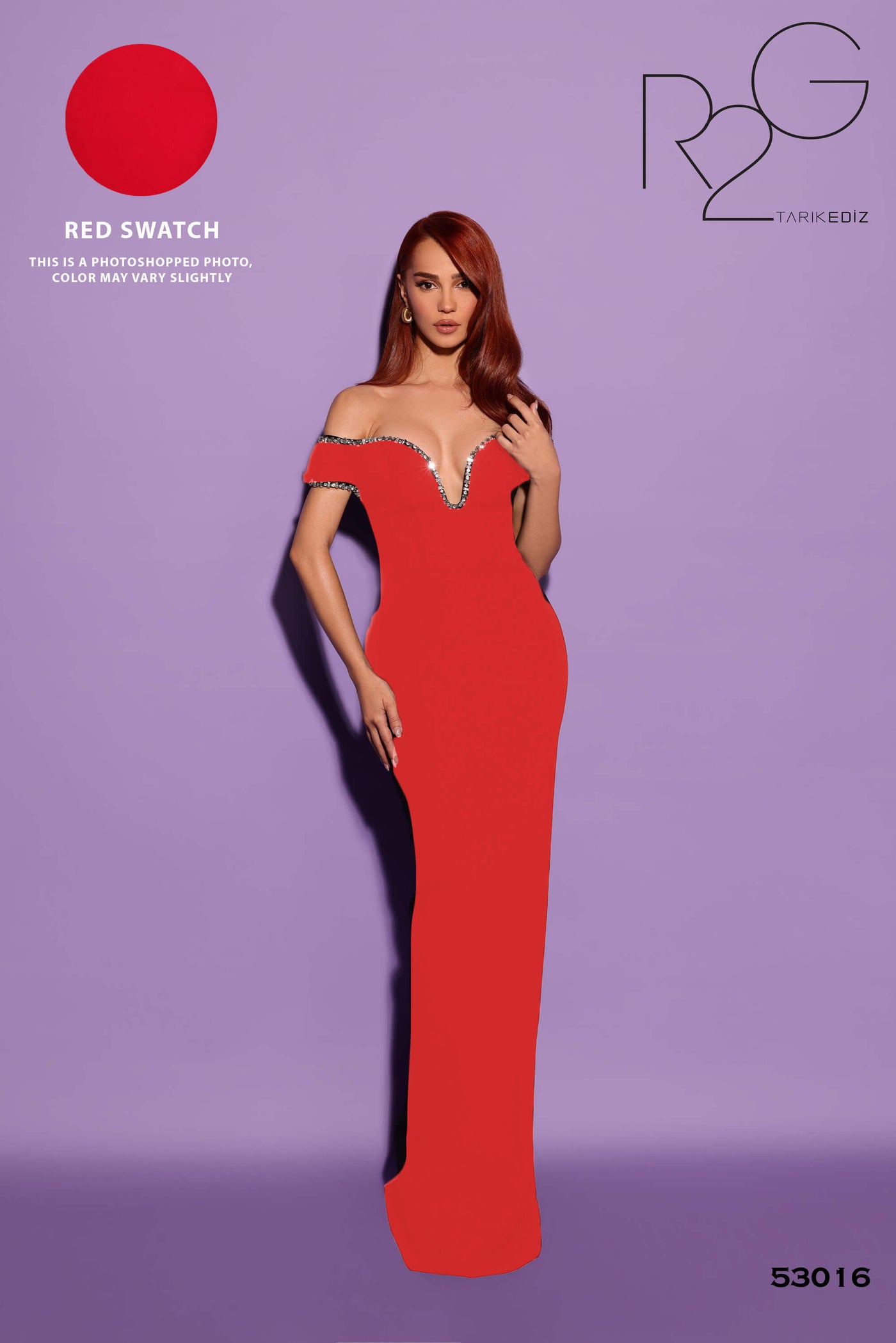 Tarik Ediz 53016 Red Off Shoulder V-Neckline Crepe Fitted Evening Dress
