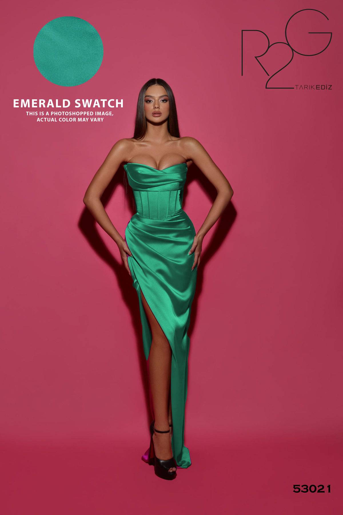 Tarik Ediz 53021 Strapless Fitted Satin High Slit Evening Dress | B Chic Fashions Tarik Ediz 53021 Strapless Fitted Satin High Slit Evening Dress | B Chic Fashions