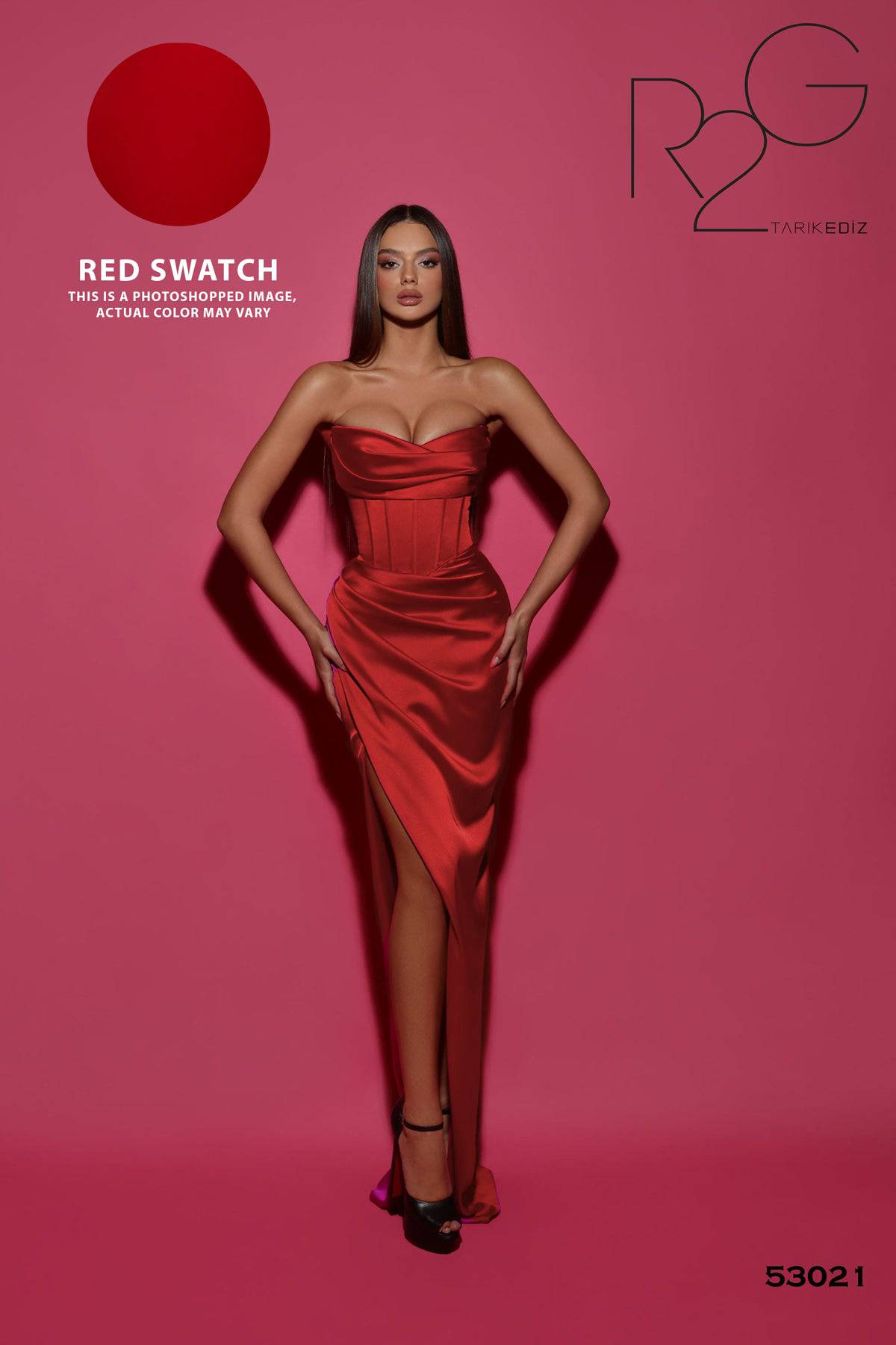 Tarik Ediz 53021 Strapless Fitted Satin High Slit Evening Dress