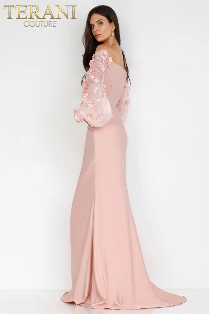 Terani Couture 1911E9128 Navy Off-Shoulder Crepe Trumpet Gown with 3D Floral Statement Sleeves