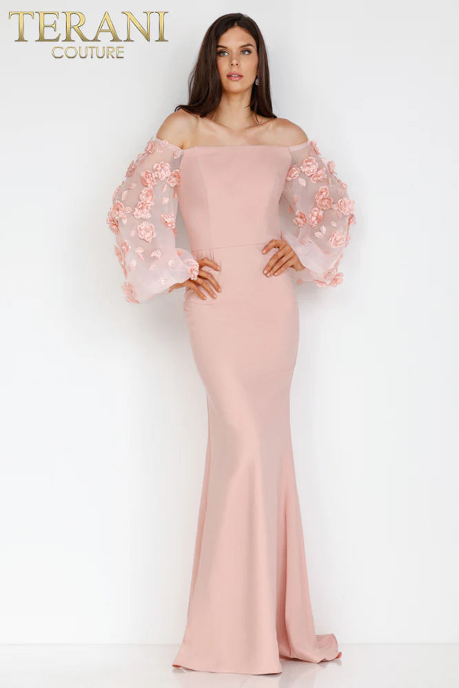 Terani Couture 1911E9128 Navy Off-Shoulder Crepe Trumpet Gown with 3D Floral Statement Sleeves