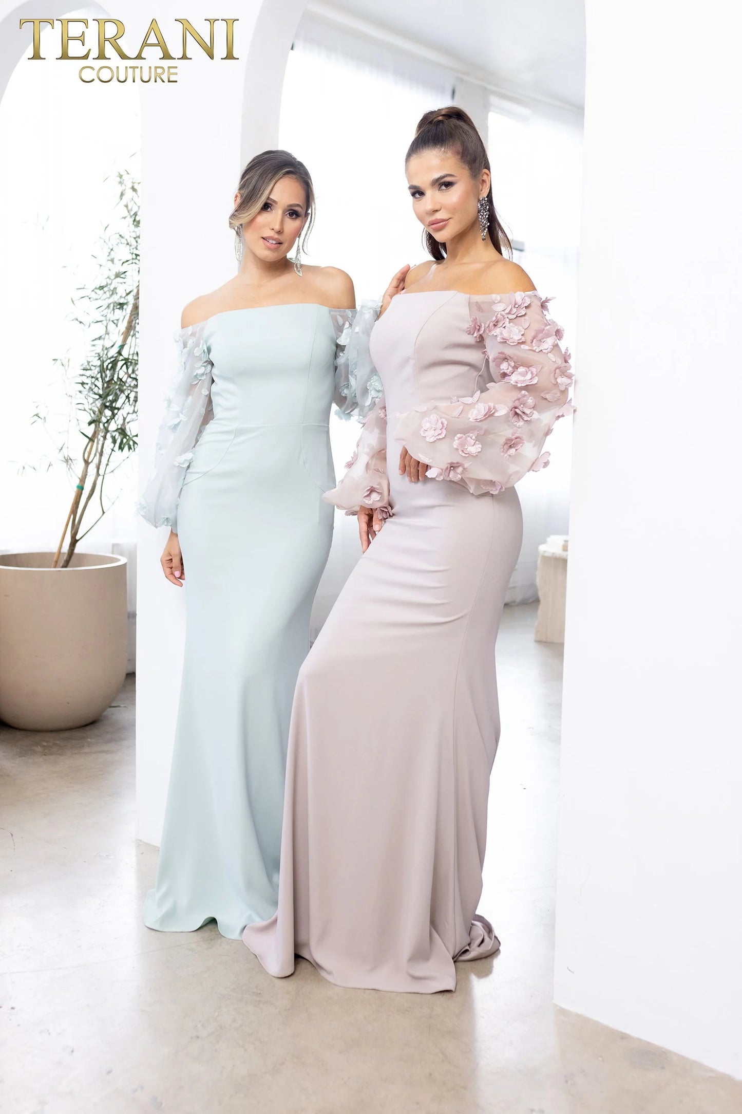 Terani Couture 1911E9128 Navy Off-Shoulder Crepe Trumpet Gown with 3D Floral Statement Sleeves