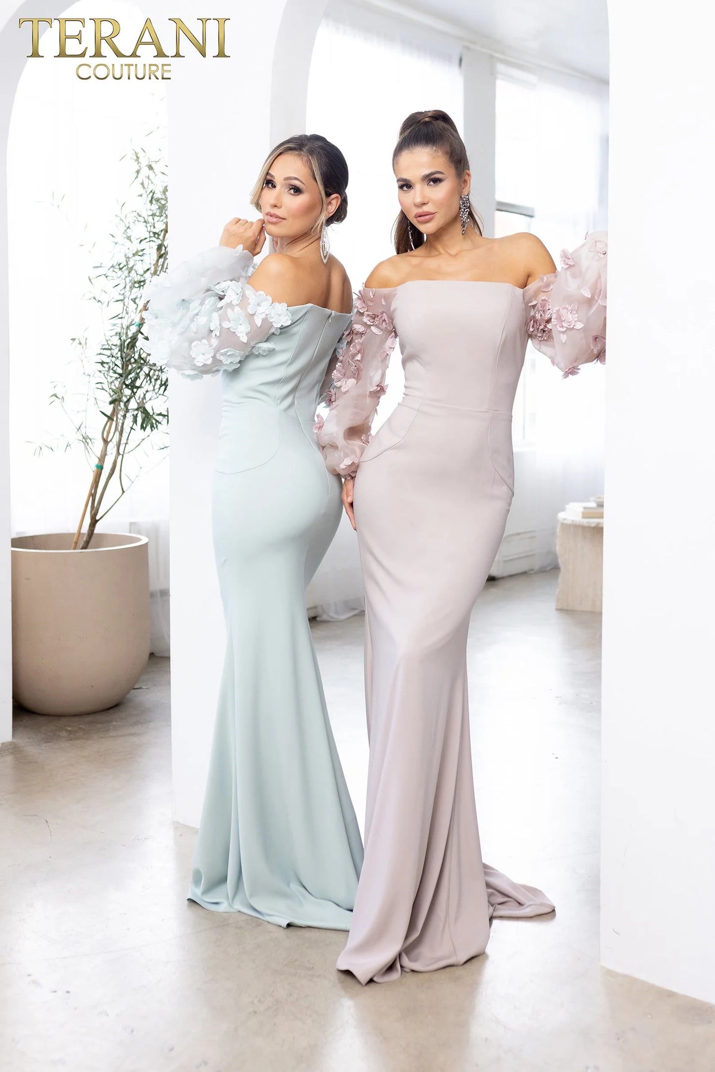 Terani Couture 1911E9128 Navy Off-Shoulder Crepe Trumpet Gown with 3D Floral Statement Sleeves