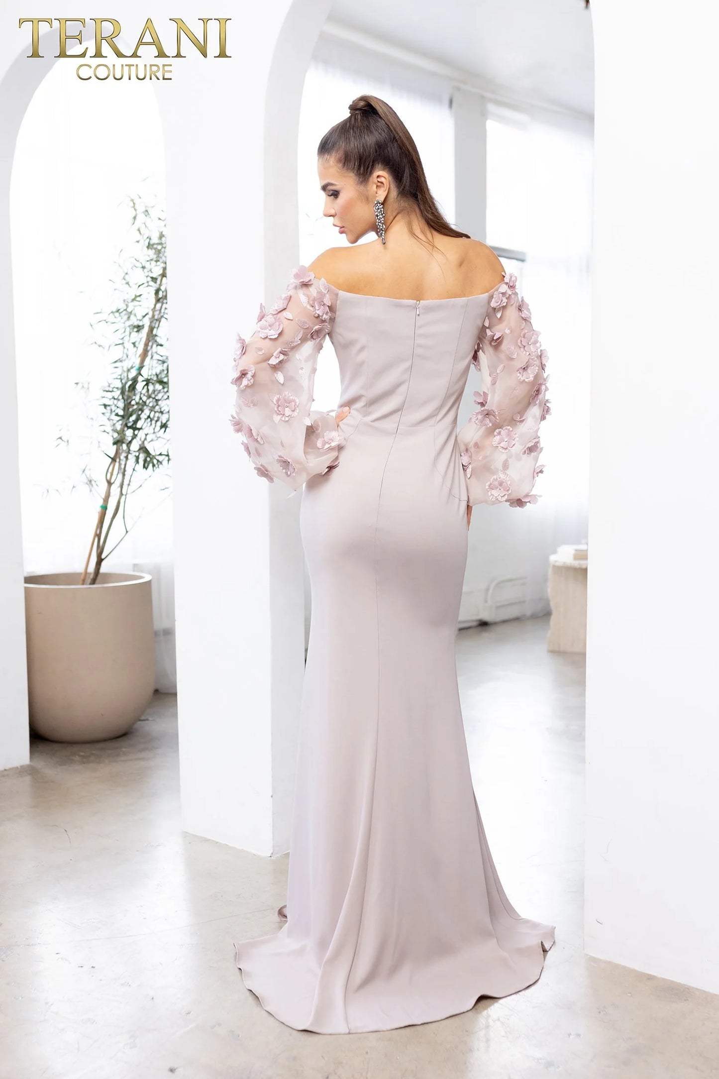 Terani Couture 1911E9128 Navy Off-Shoulder Crepe Trumpet Gown with 3D Floral Statement Sleeves