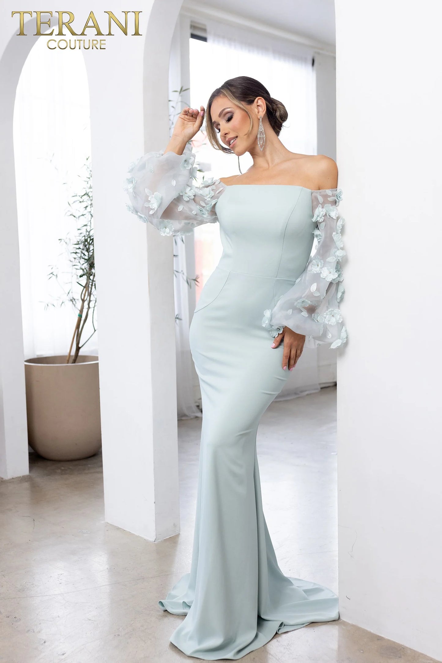 Terani Couture 1911E9128 Navy Off-Shoulder Crepe Trumpet Gown with 3D Floral Statement Sleeves