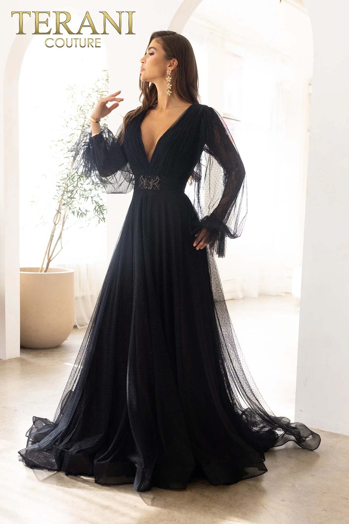 Terani Couture 1913M9414 Green Long Puff Sleeve V-Neckline A-Line Gown