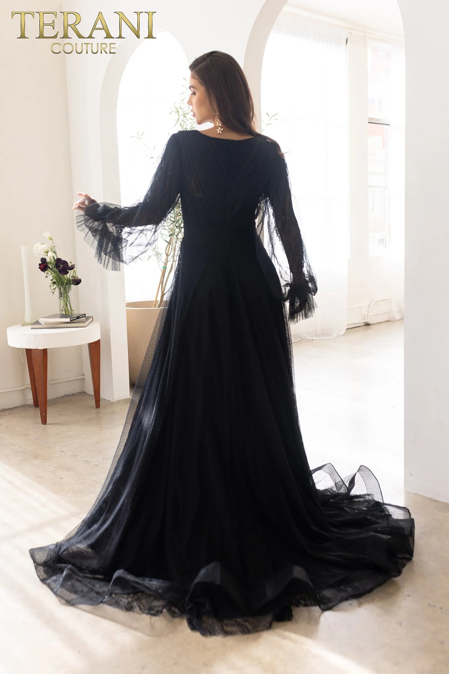 Terani Couture 1913M9414 Green Long Puff Sleeve V-Neckline A-Line Gown
