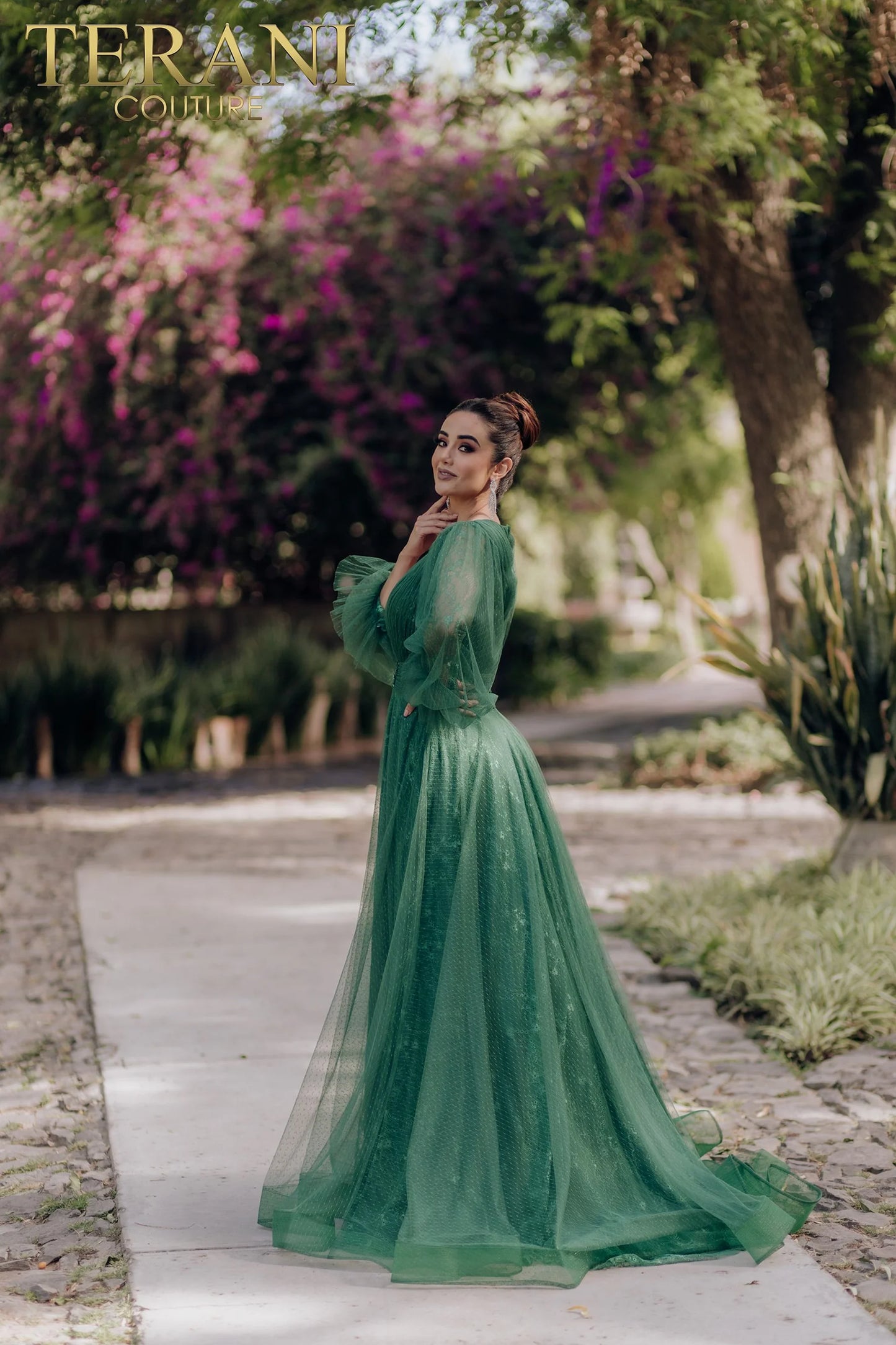 Terani Couture 1913M9414 Green Long Puff Sleeve V-Neckline A-Line Gown