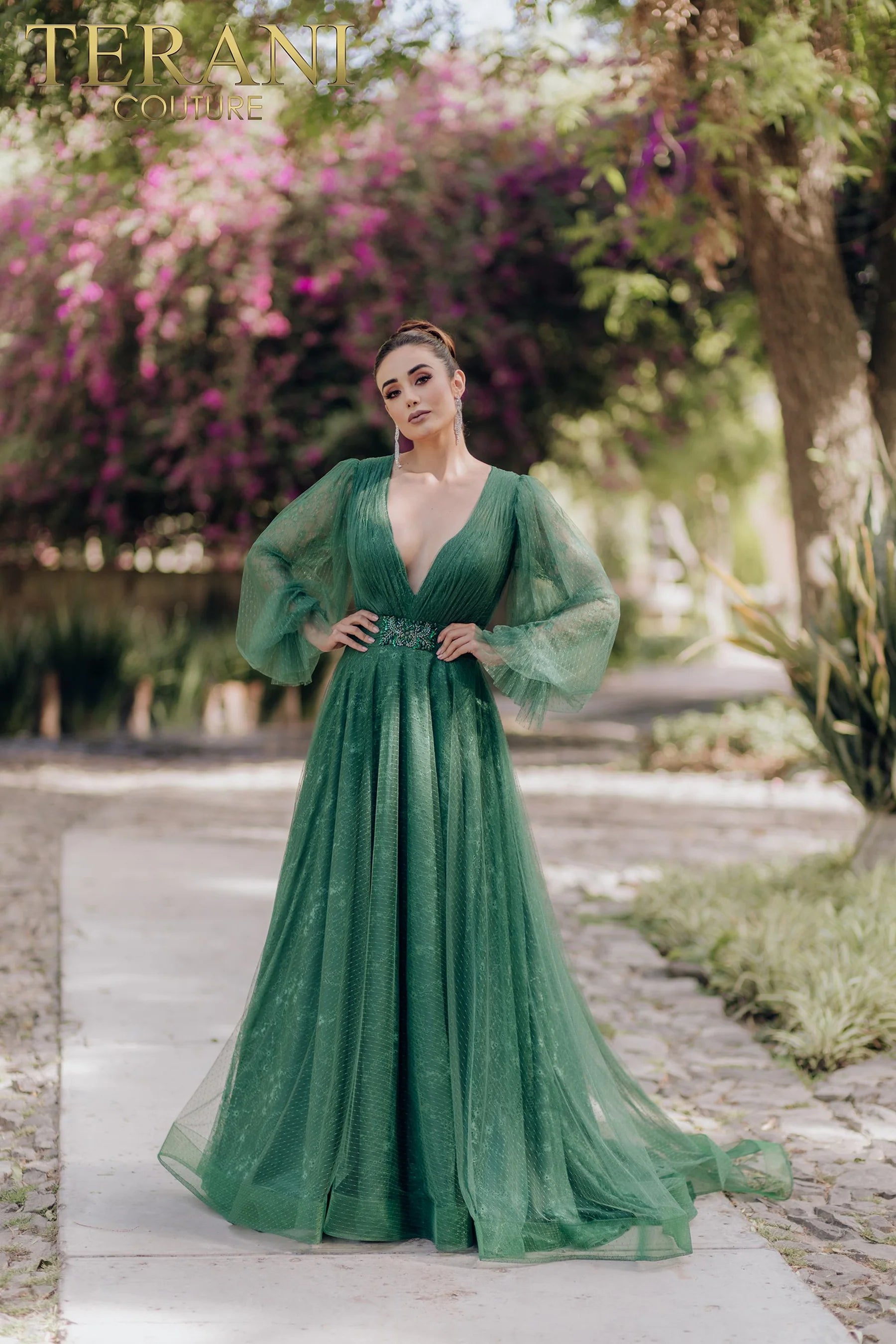 terani couture green dress 1913M9414 Long Puff Sleeve V-Neckline A-Line Gown published_date:2024-07-22T22:16:33Z line silhouette flatters every Size:20