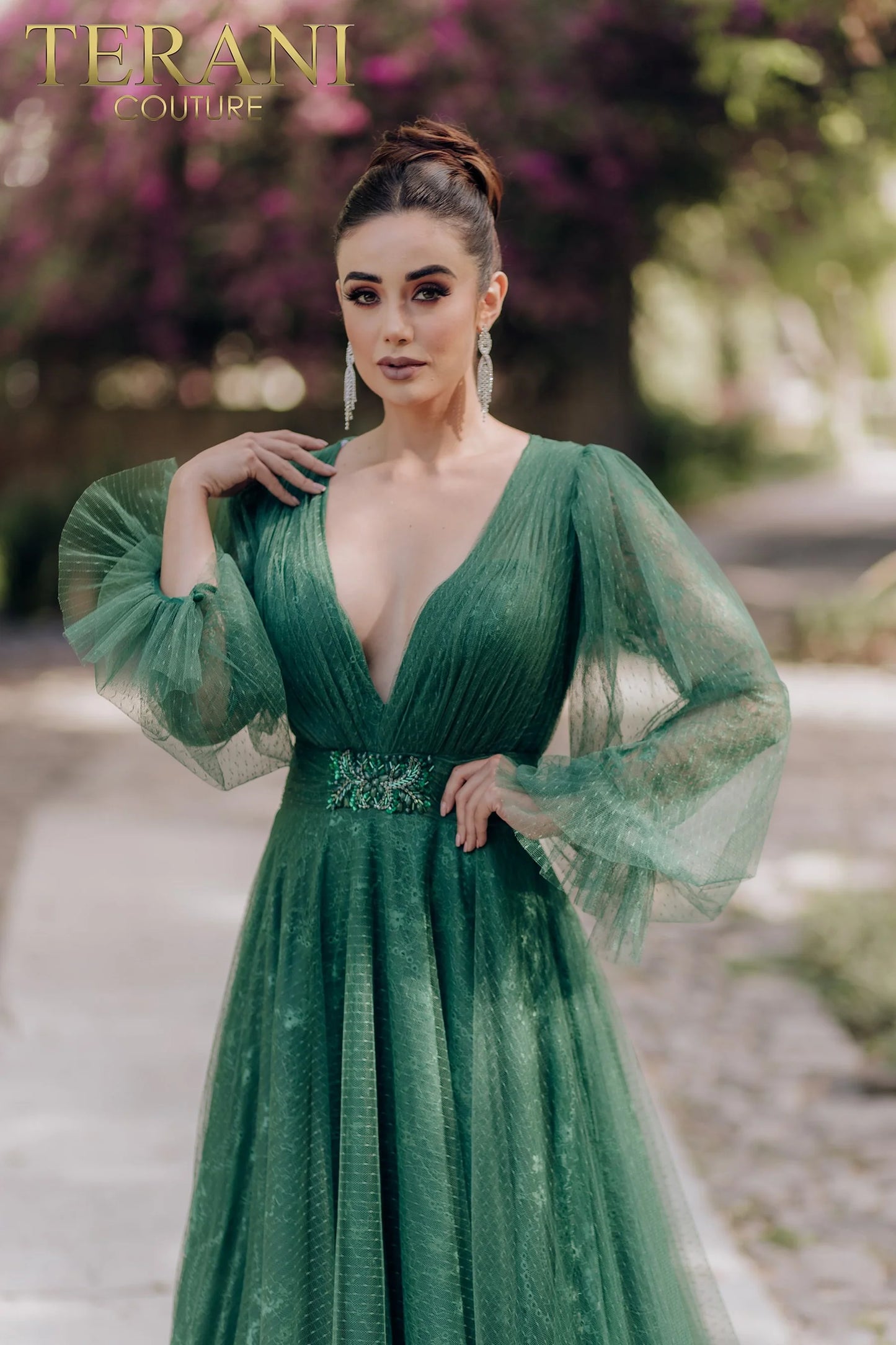 Terani Couture 1913M9414 Green Long Puff Sleeve V-Neckline A-Line Gown