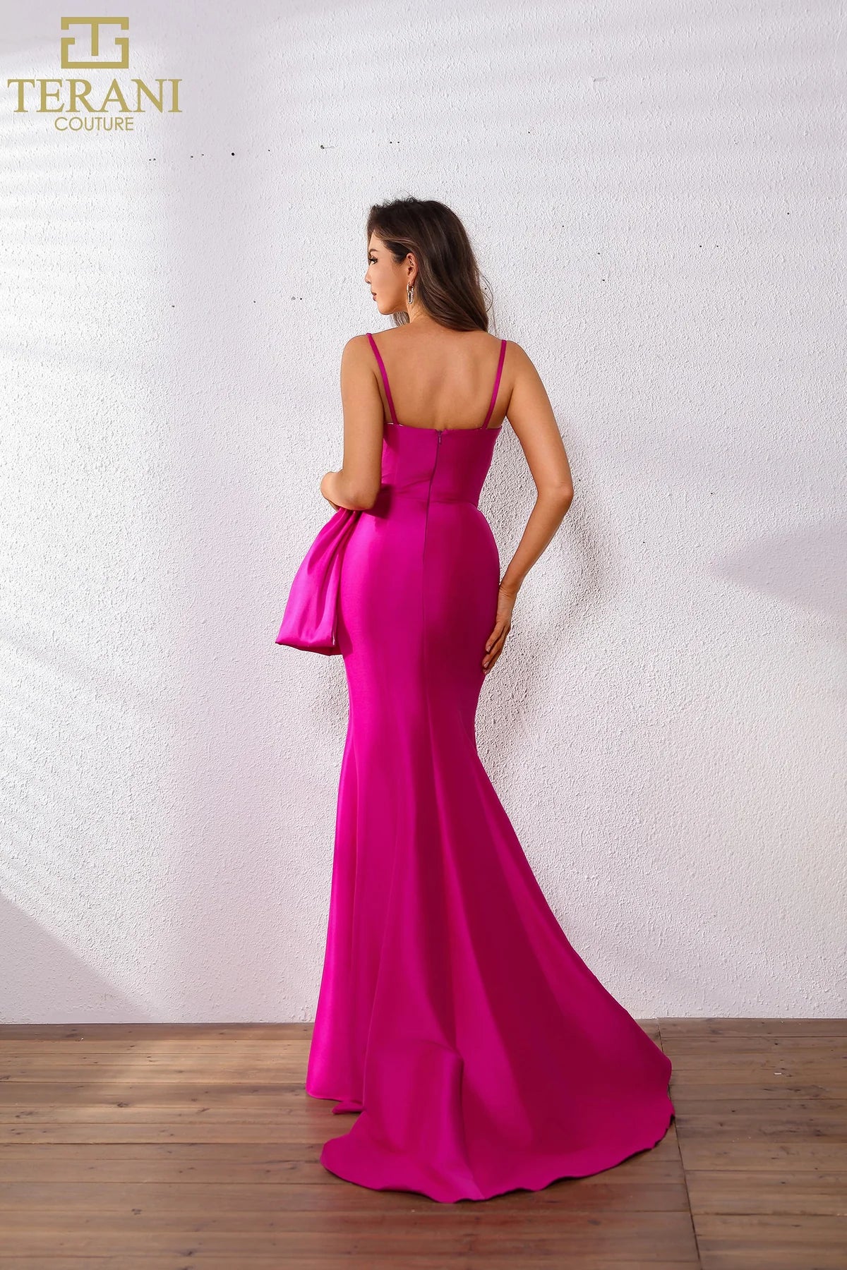 Terani Couture 251P4006 Assyemtric Side Slit Stretch Mikado Long