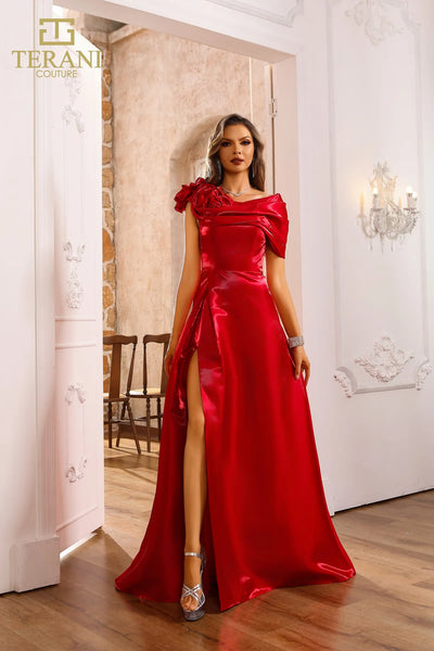 Terani Couture 251P4052 One shoulder Side Slit Shimmer A-Line Dress – B  Chic Fashions