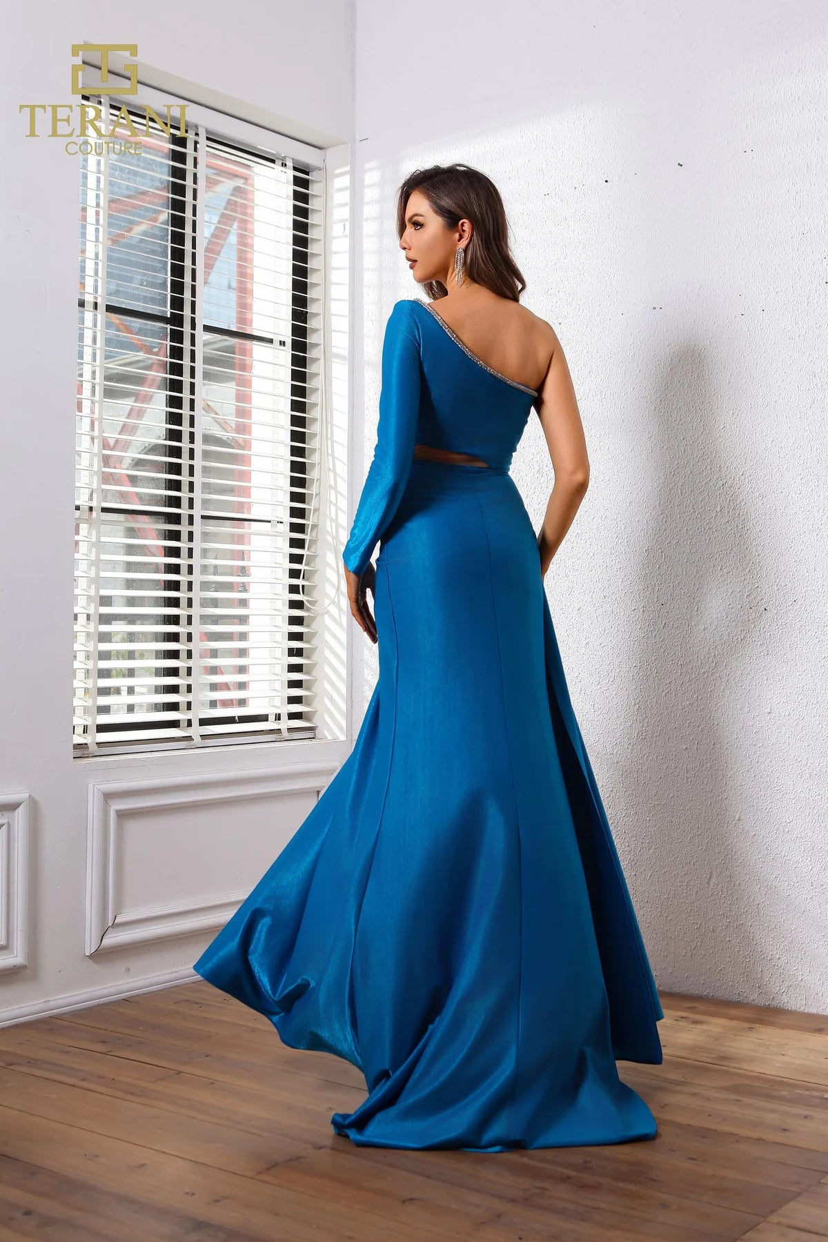 Terani Couture 251P4056 Fit and Flare Asymmetric Stretch Metallic Long Prom Dress