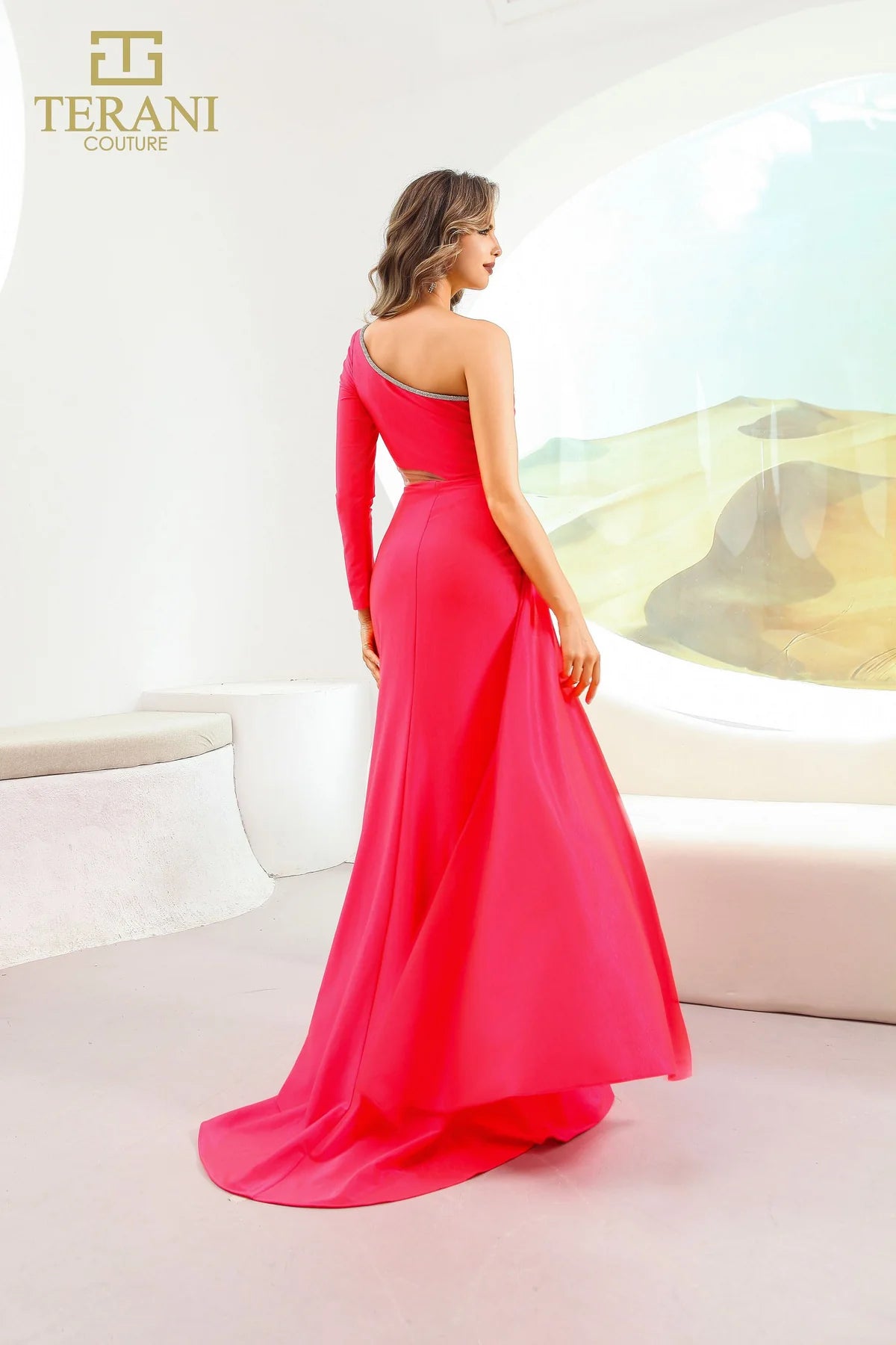 Terani Couture 251P4056 Fit and Flare Asymmetric Stretch Metallic Long Prom Dress