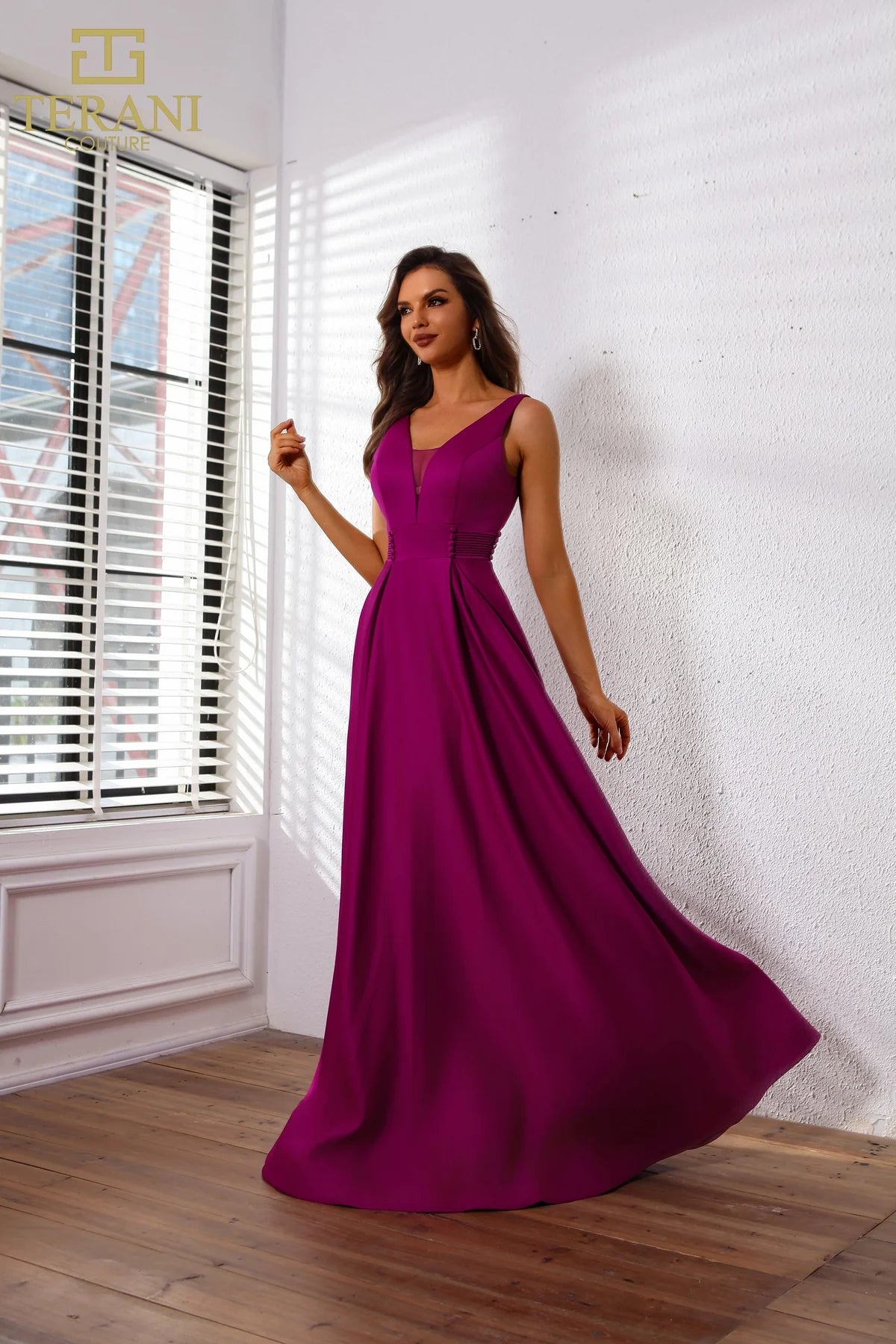 Terani Couture 251P4113 V-Neck Sleeveless Satin A-Line Ballgown
