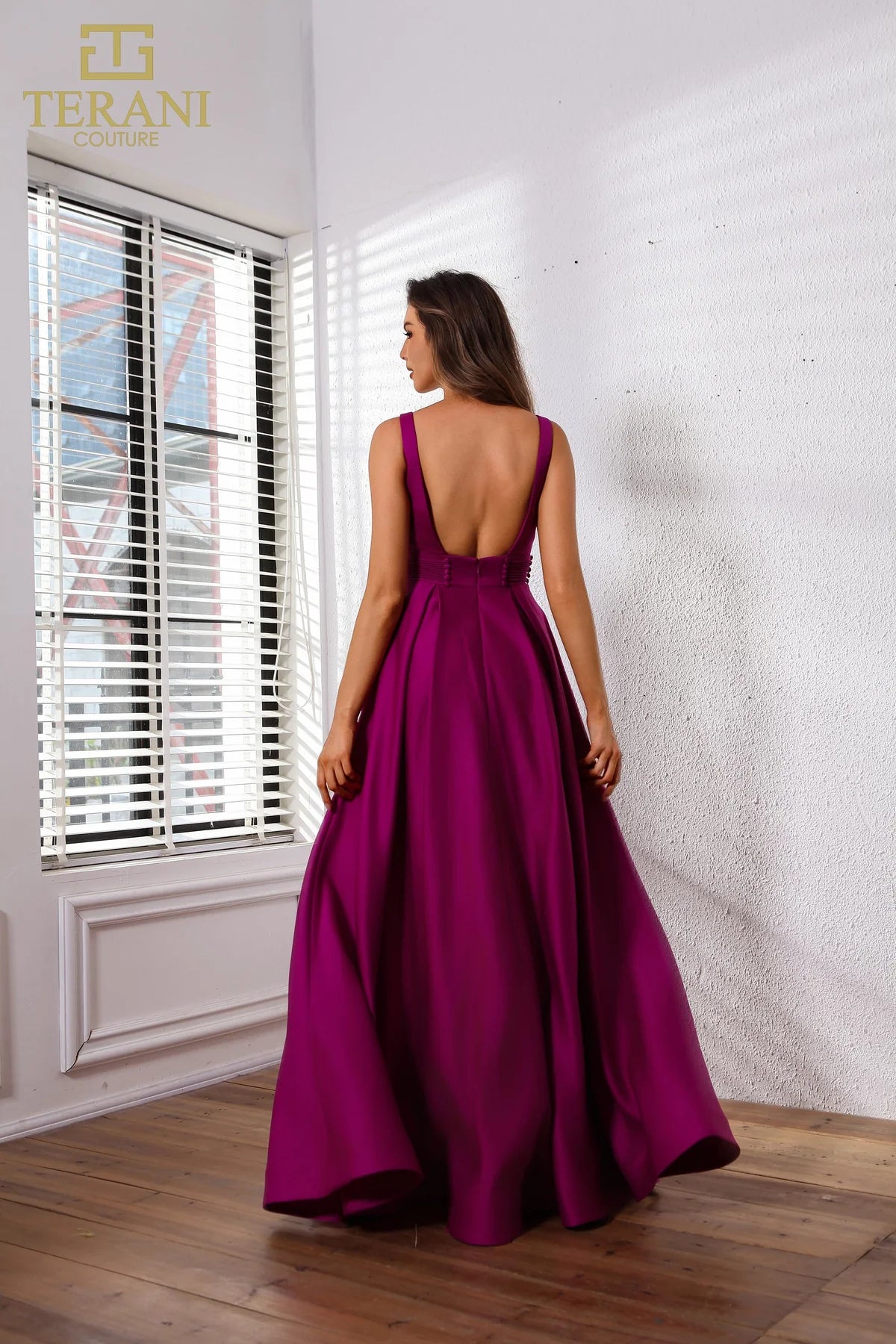 Terani Couture 251P4113 V-Neck Sleeveless Satin A-Line Ballgown