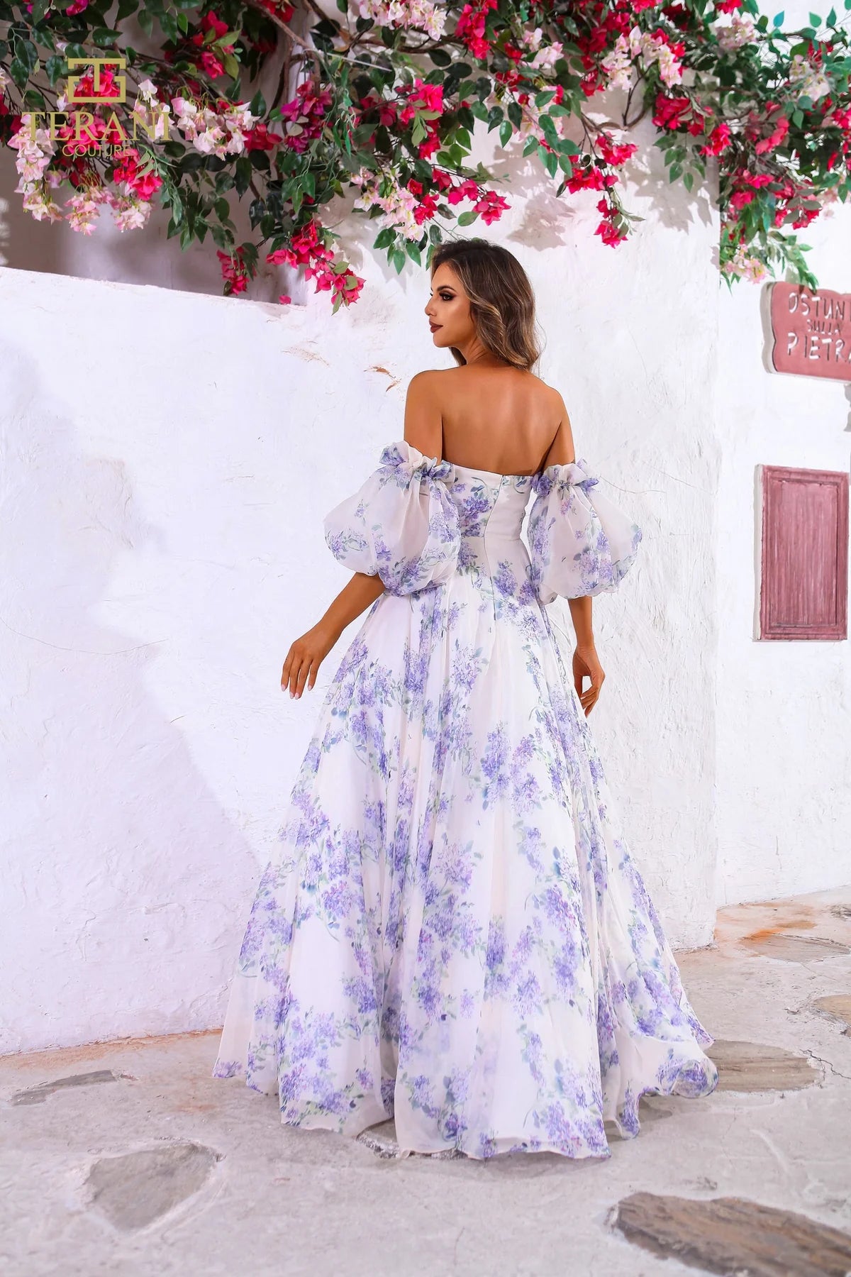 Terani Couture 251P4141 Print Chiffon Puff Sleeves Straight A-Line Dress