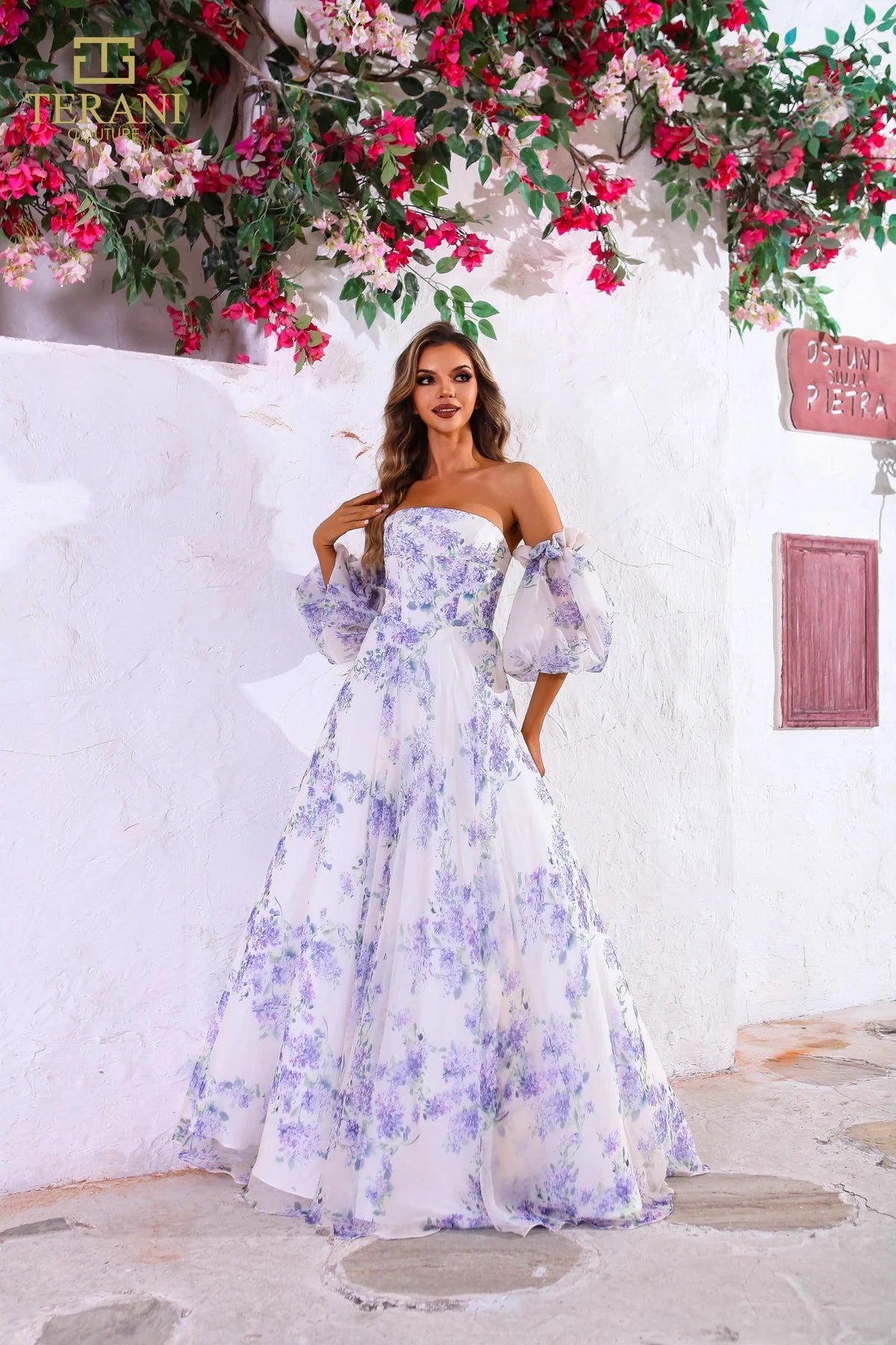 Terani Couture 251P4141 Print Chiffon Puff Sleeves Straight A-Line Dress