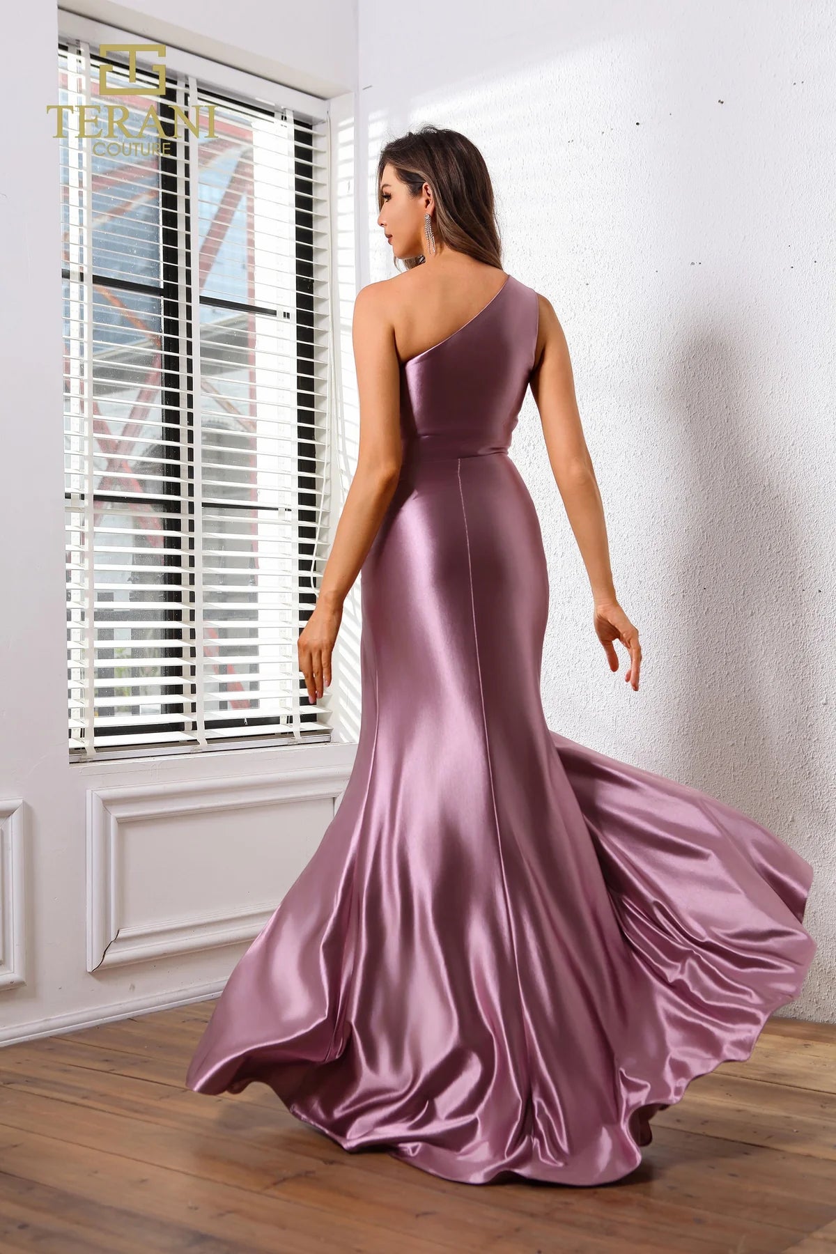 Terani Couture 251P4261 Asymmetric Jersey Satin Fit and Flare Long Prom Dress