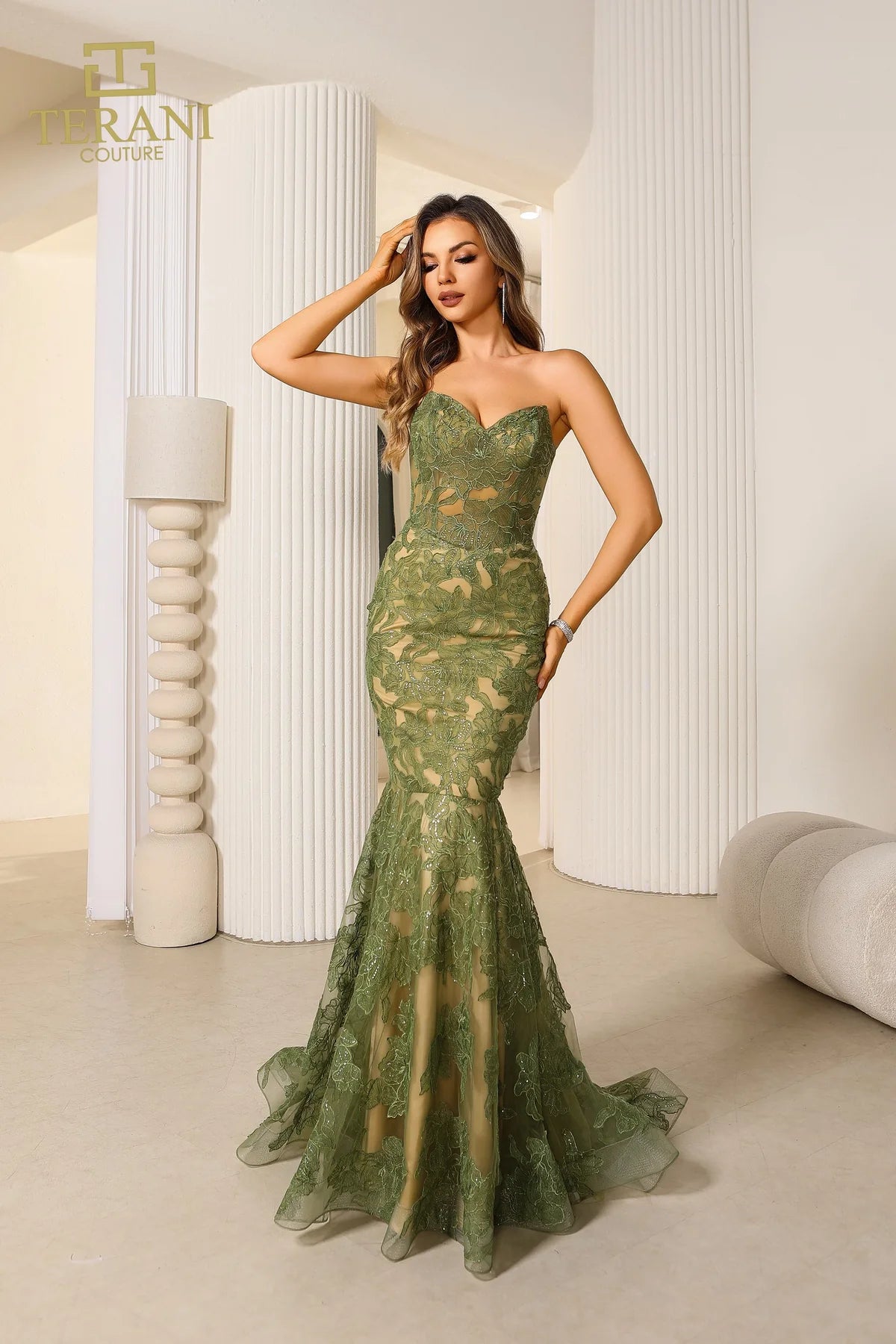 Terani Couture 251P4355 Strapless Lace Trumpet Prom Dress