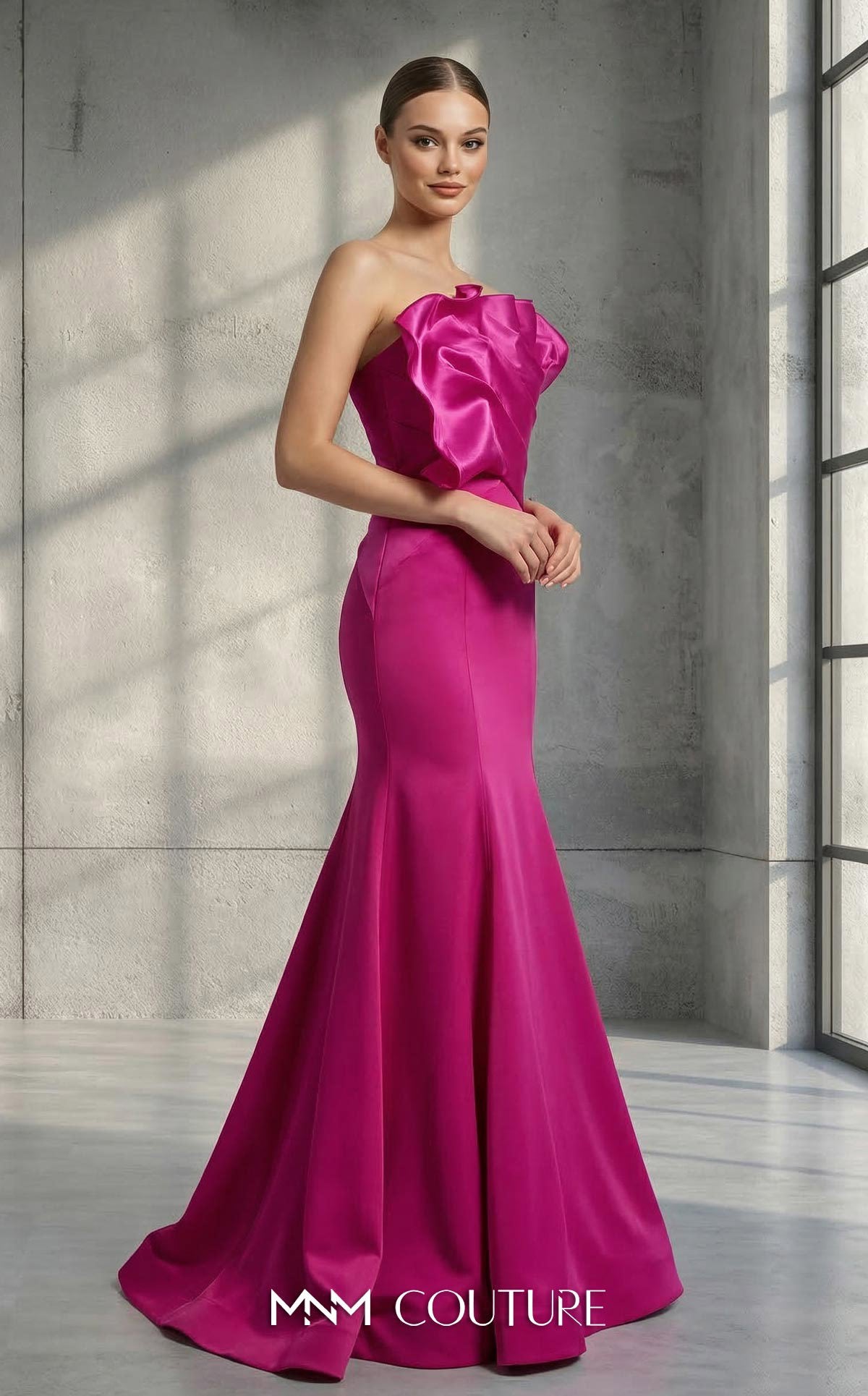 MNM Couture V07107 Fuchsia Sculptural Strapless Organza-Fold Fuchsia Gown