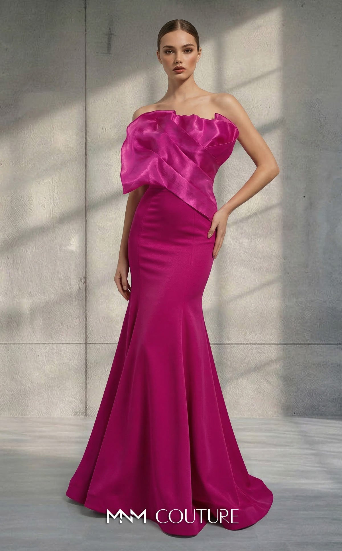 MNM Couture V07107 Fuchsia Sculptural Strapless Organza-Fold Fuchsia Gown