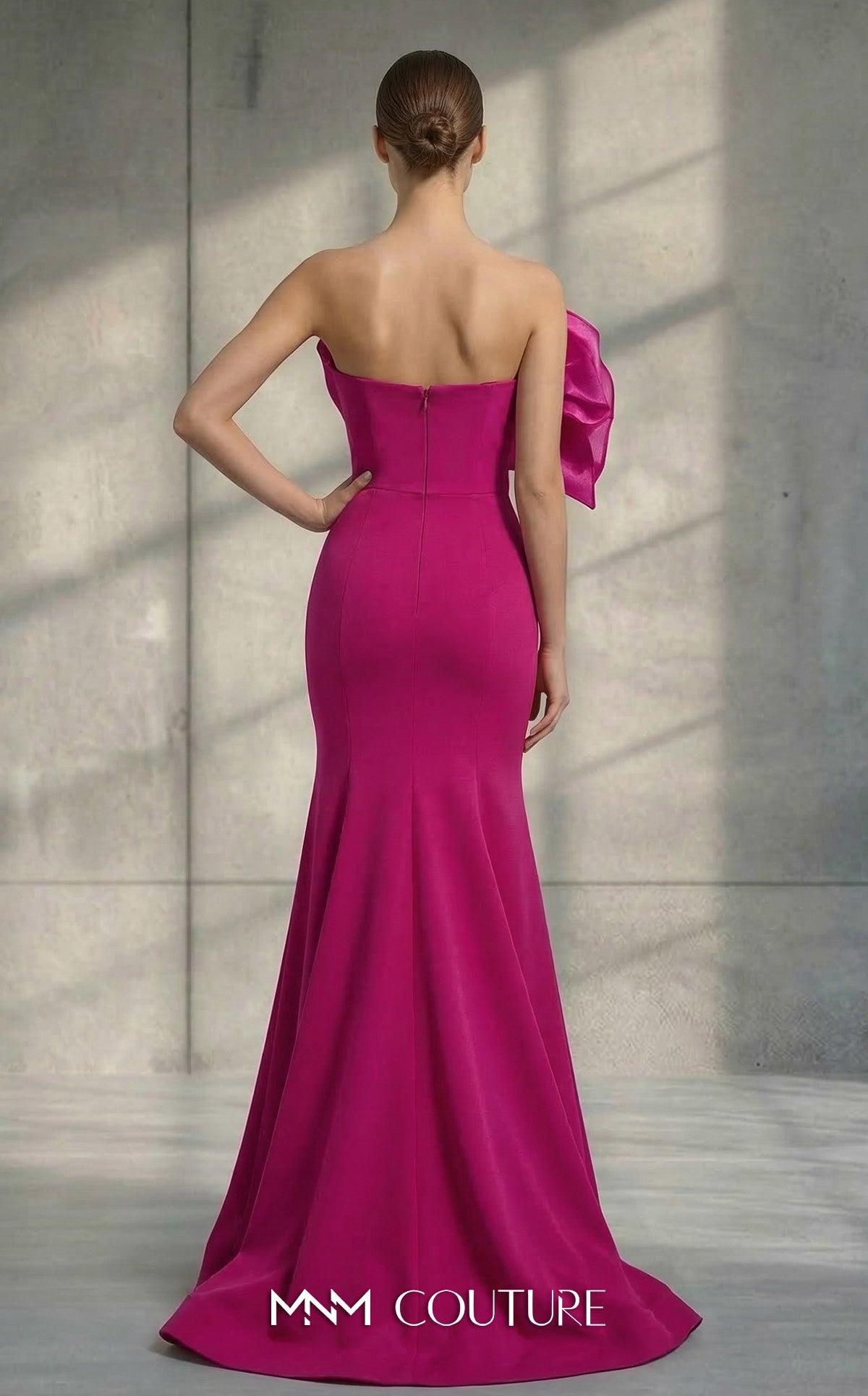 MNM Couture V07107 Fuchsia Sculptural Strapless Organza-Fold Fuchsia Gown