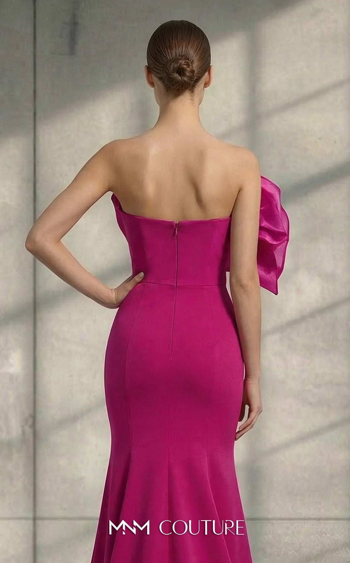 MNM Couture V07107 Fuchsia Sculptural Strapless Organza-Fold Fuchsia Gown