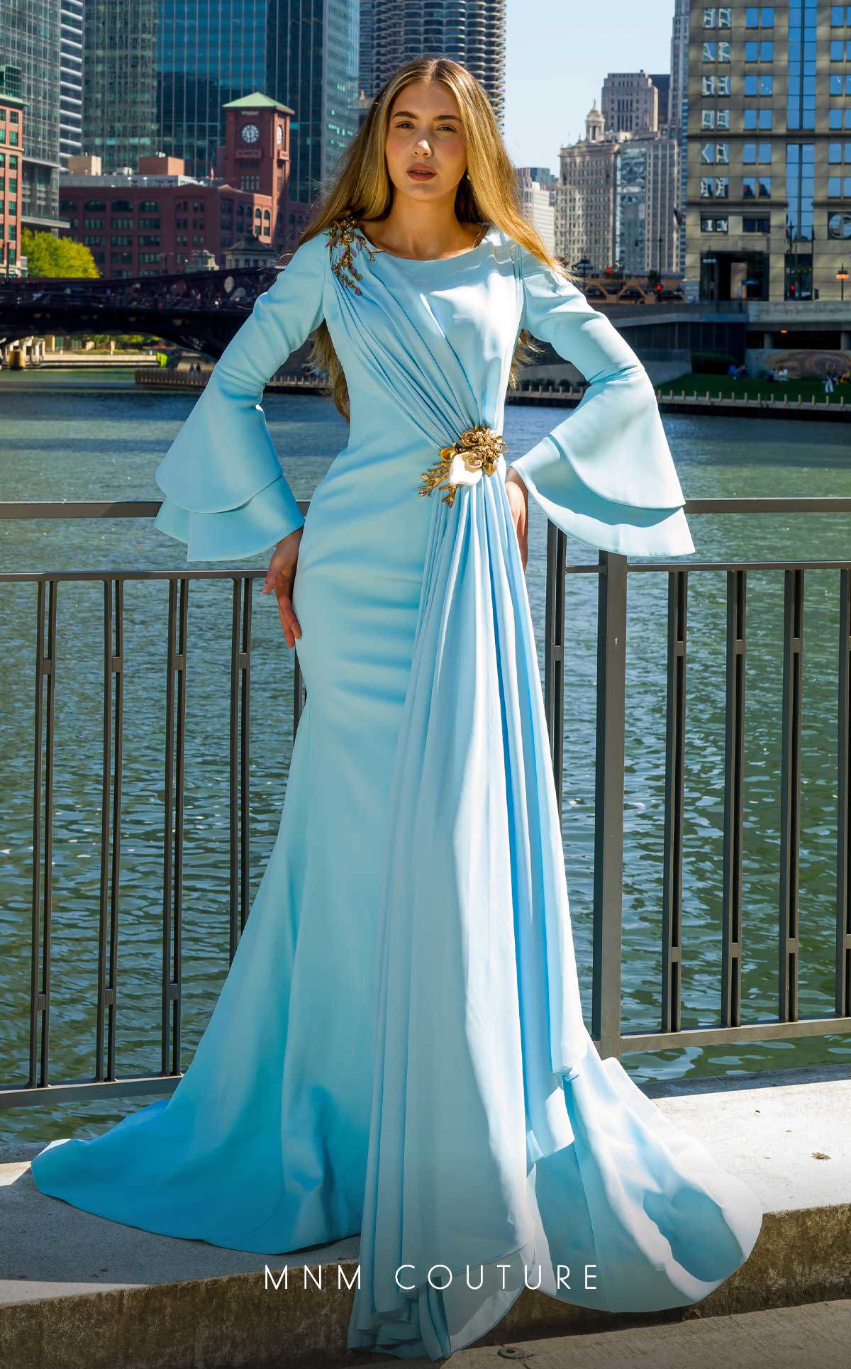 MNM Couture V07553 Blue Ethereal Elegance with Ruffle Sleeve Charm