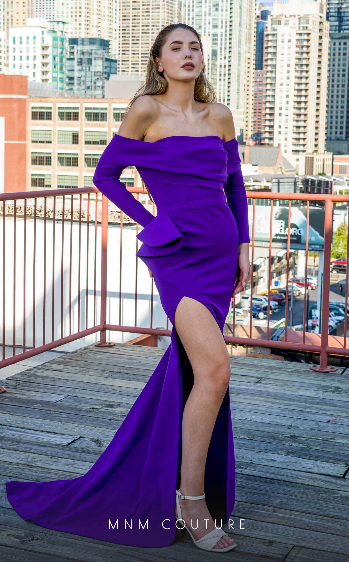 MNM Couture V07565 Purple Off-the-Shoulder Rayon Crepe Gown with High Slit