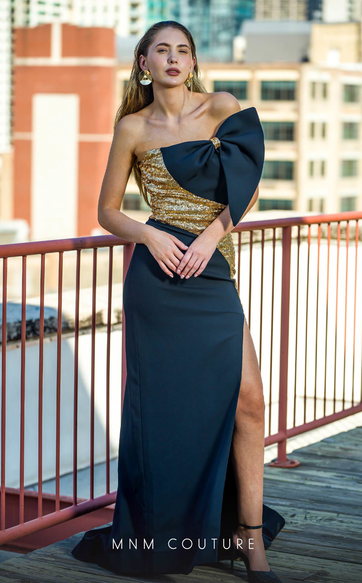 MNM Couture V07567 Dazzling Strapless Black and Gold Splendor with Dramatic Details