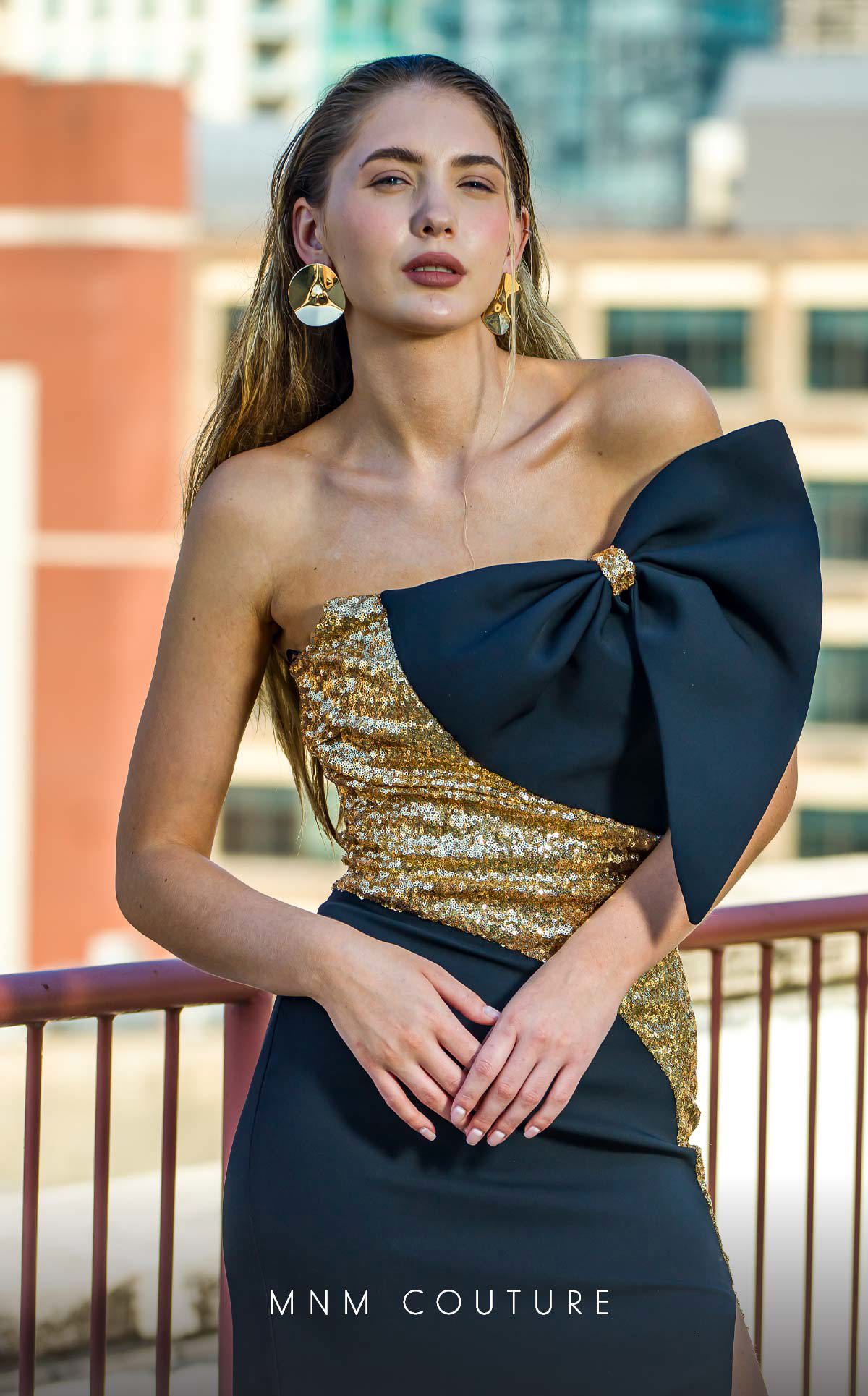 MNM Couture V07567 Dazzling Strapless Black and Gold Splendor with Dramatic Details