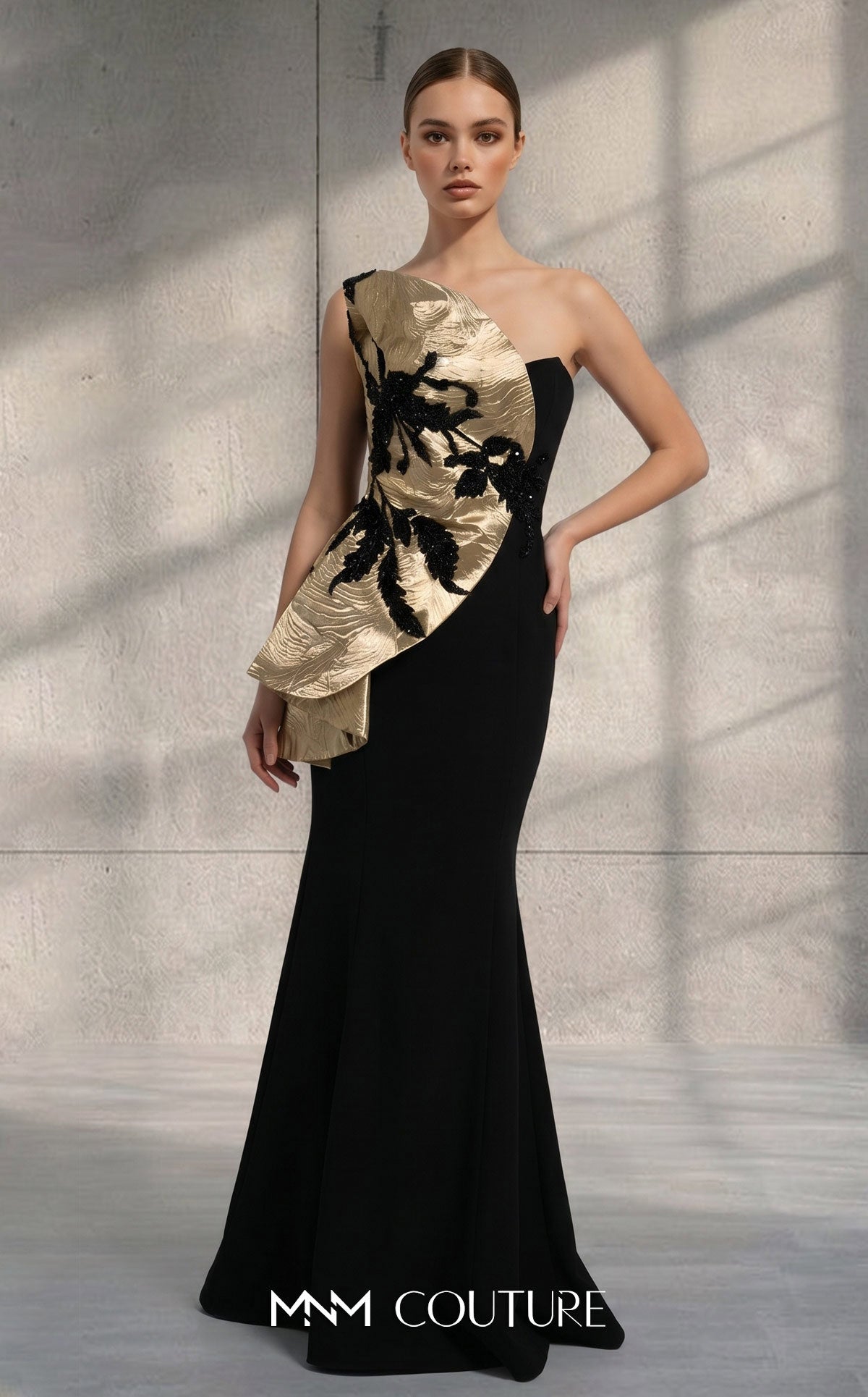 MNM Couture V08036 Black Gold One-Shoulder Asymmetrical Gold Brocade Gown