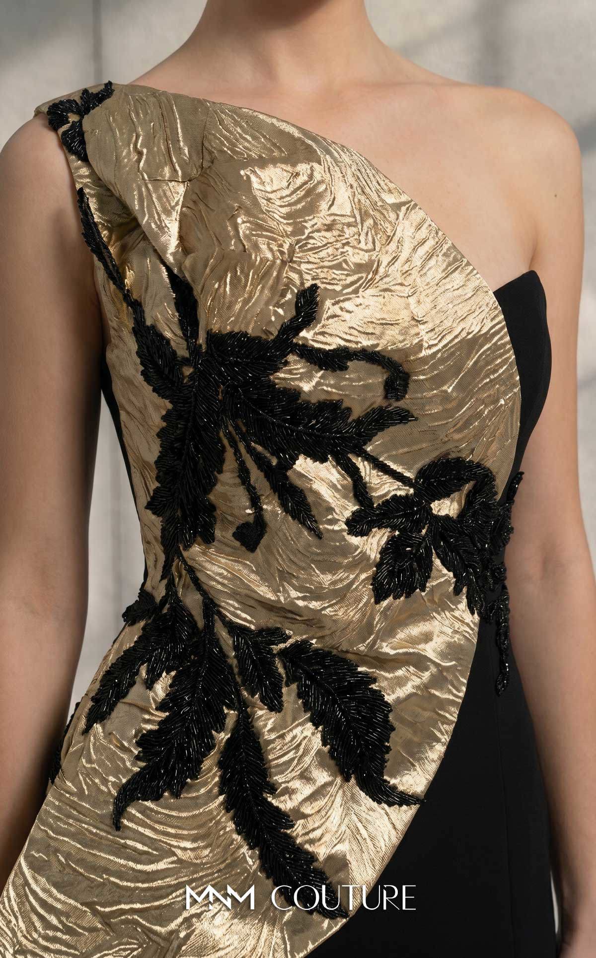 MNM Couture V08036 Black Gold One-Shoulder Asymmetrical Gold Brocade Gown