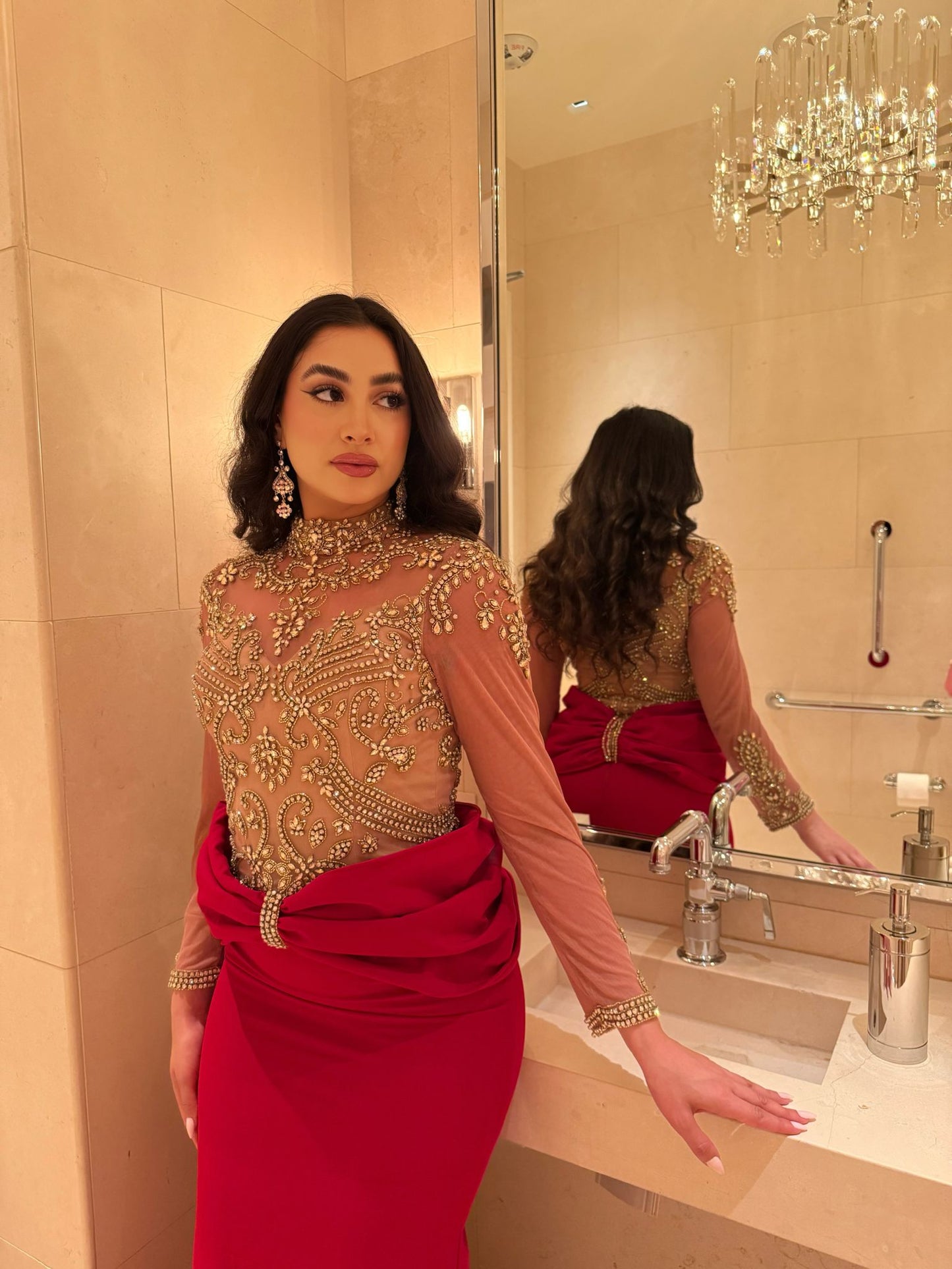 Bahar Long Sleeve Stretch Crepe Beaded Dress