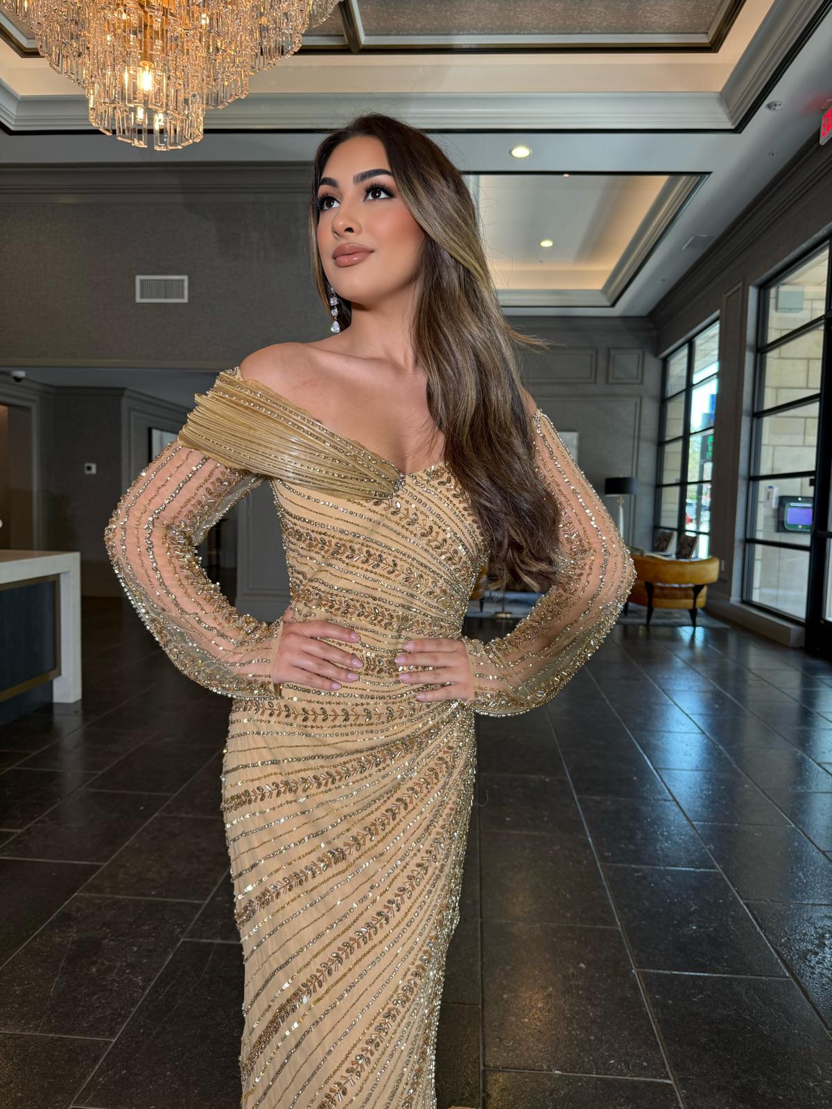 Shazia Embellished Off the Shoulder Long Sleeves with Structured Silhouette