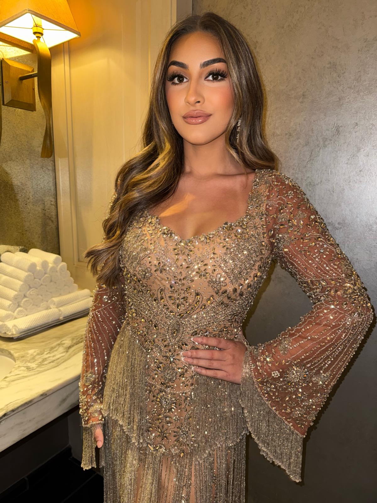 Aurelia Nude-Toned Embellished Gown with Long Sleeves, Crystal and Beaded Fringe