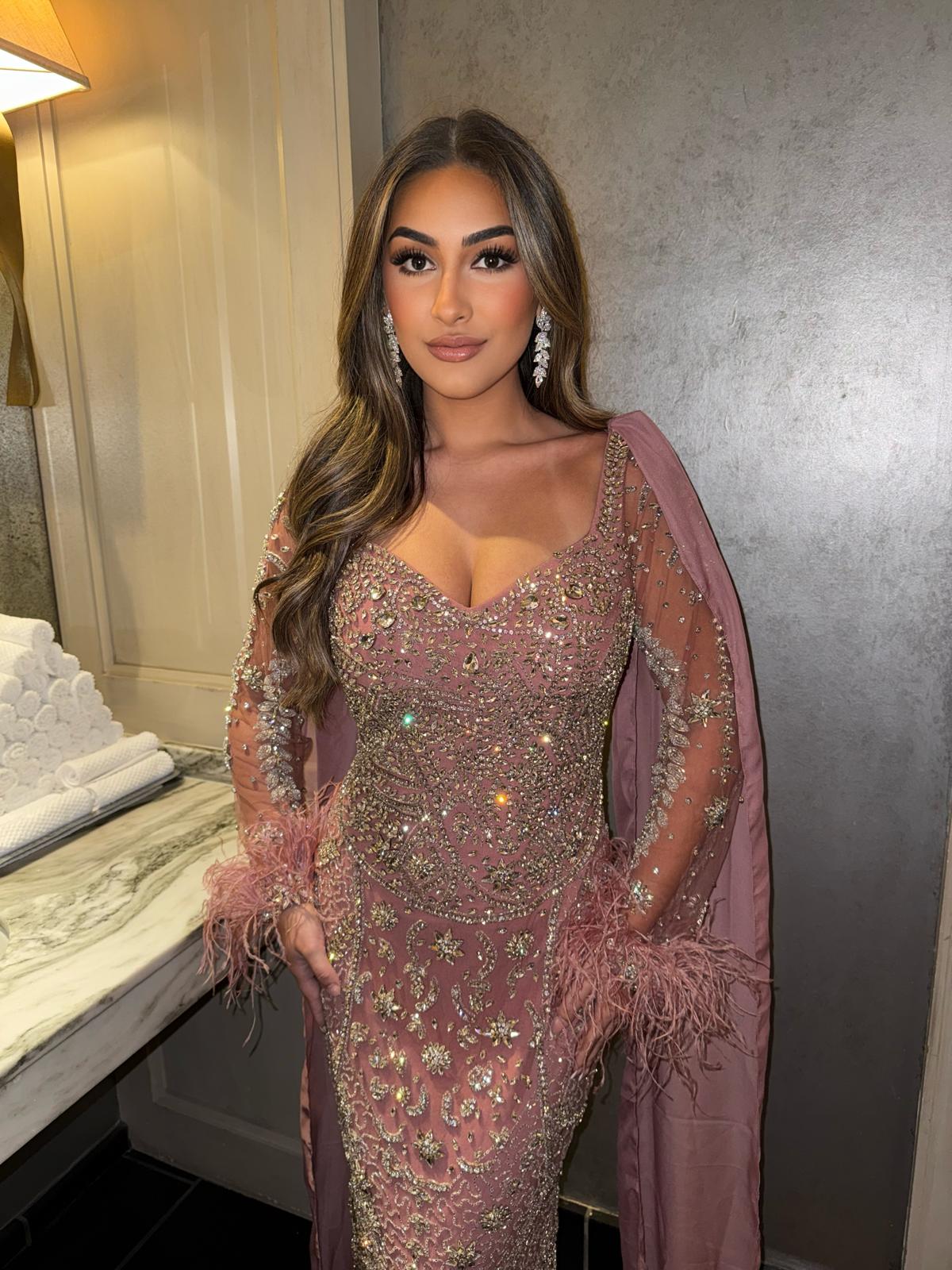Katar Embellished Cape Evening Gown with Feather Cuffs