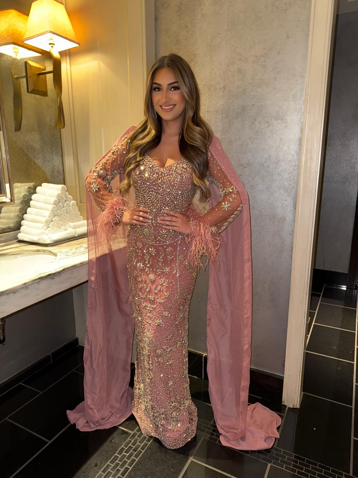 Katar Embellished Cape Evening Gown with Feather Cuffs