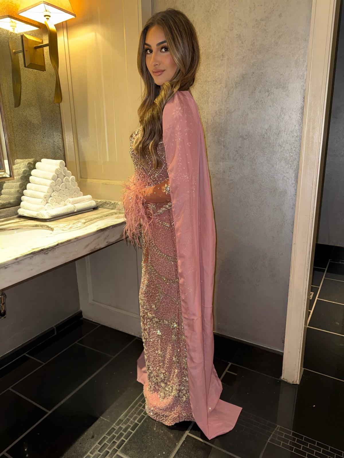 Katar Embellished Cape Evening Gown with Feather Cuffs