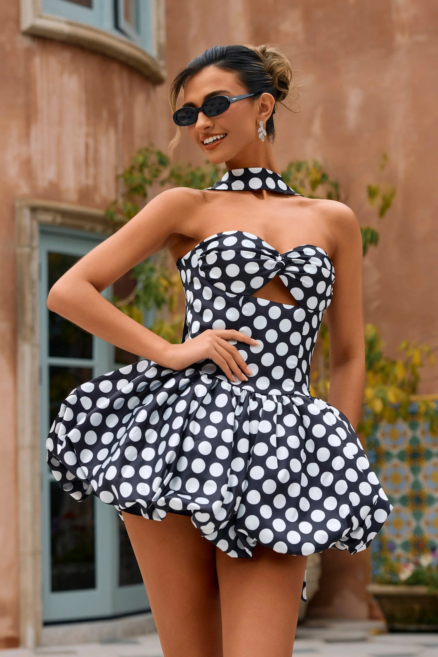 Portia & Scarlett XO204 Black Strapless Polka Dot Sweetheart Neckline Mini Dress with Choker and Cutout