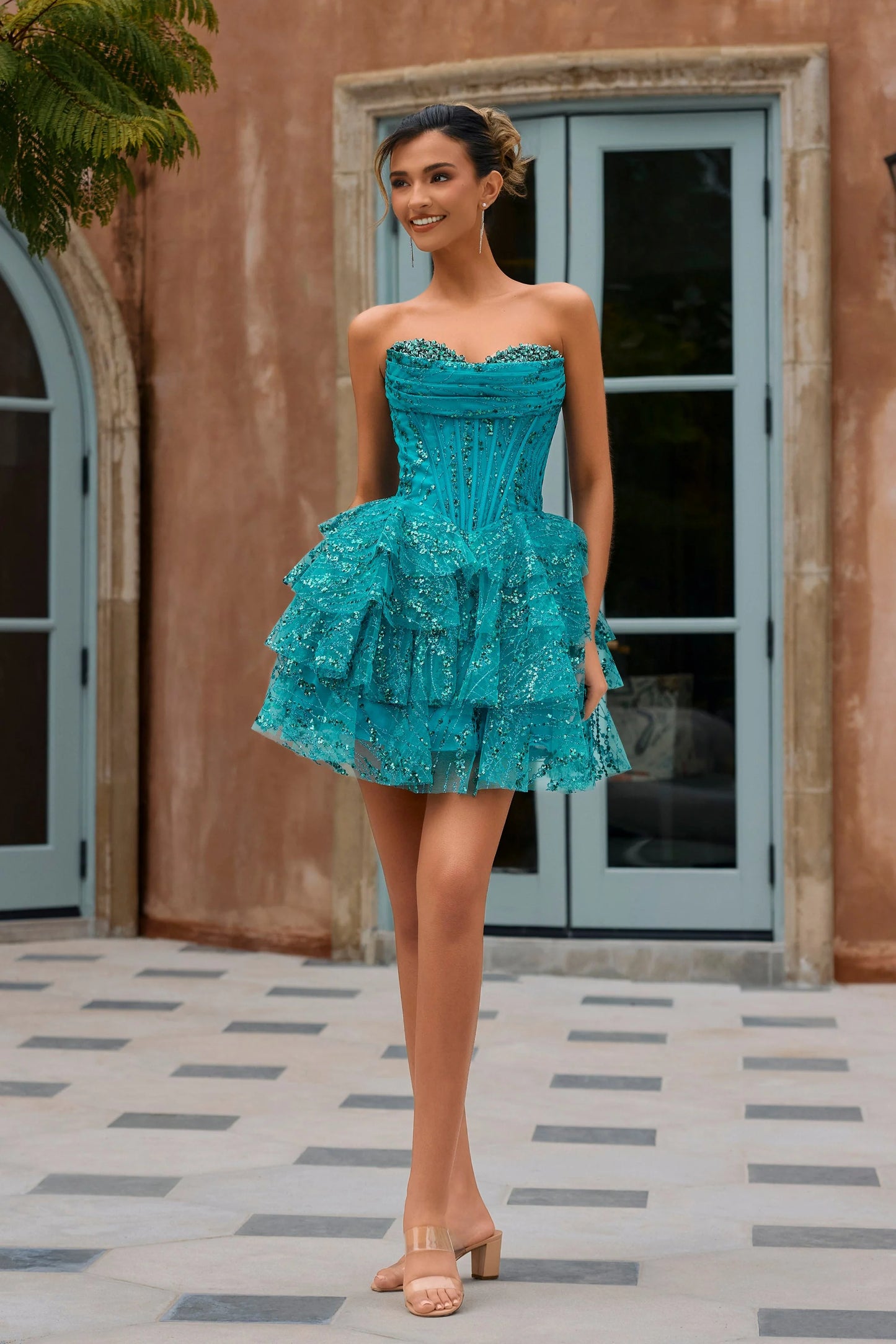 Portia & Scarlett XO213 Green Strapless Sweetheart Neckline with Layers, Voluminous Ruffles Mini Dress