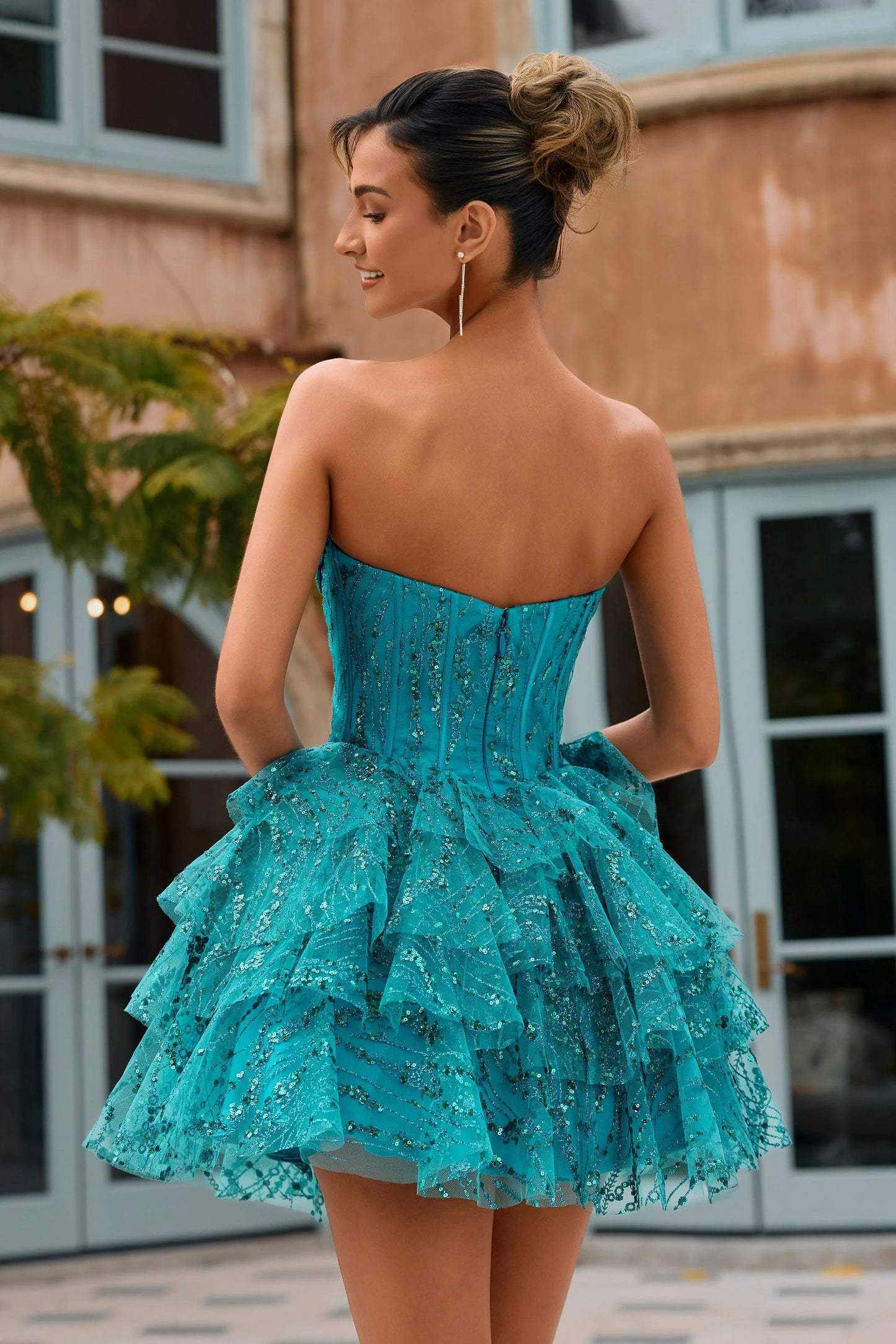 Portia & Scarlett XO213 Green Strapless Sweetheart Neckline with Layers, Voluminous Ruffles Mini Dress