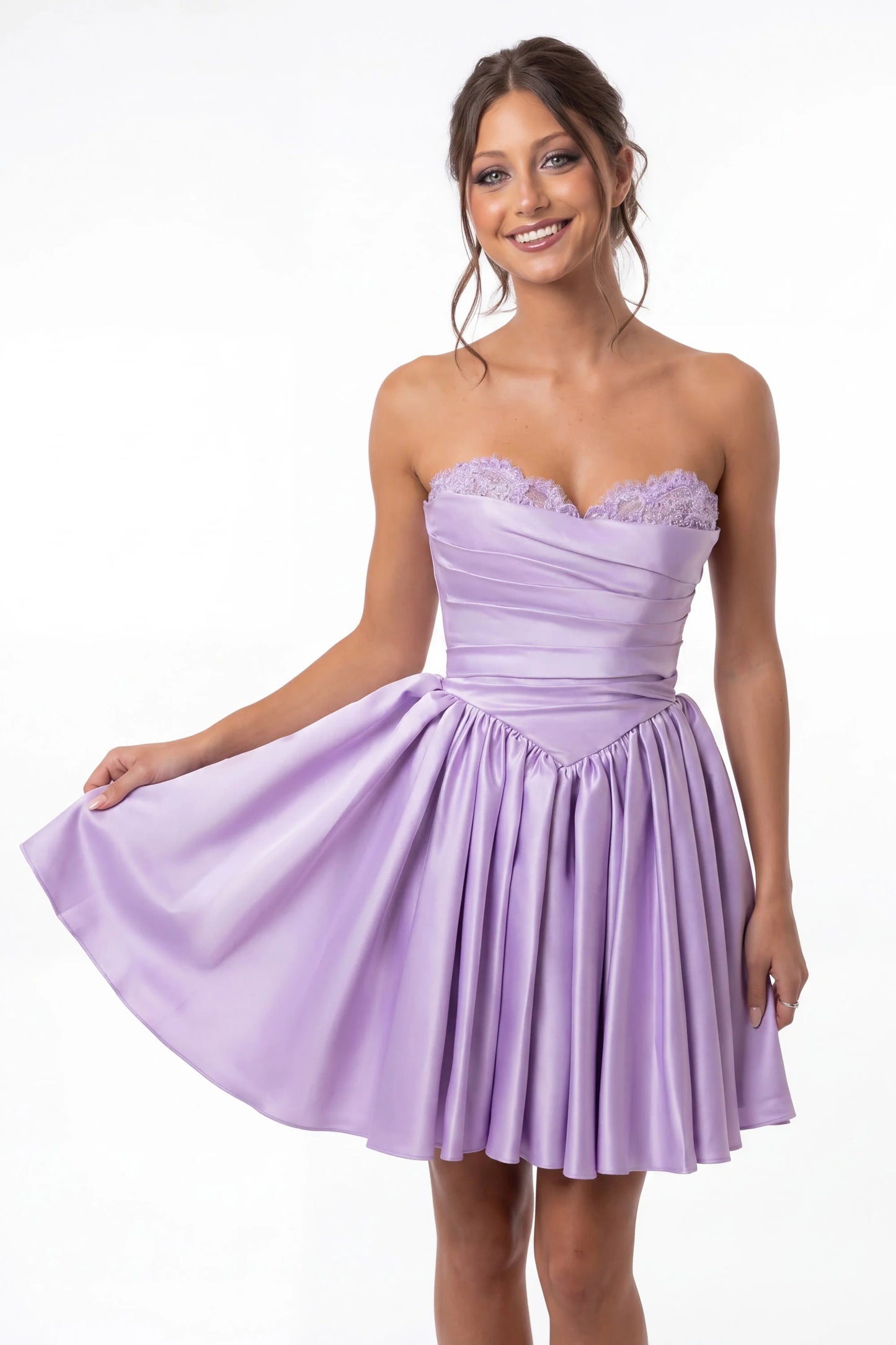 Portia & Scarlett XO215 Lilac Strapless Sweetheart Neckline Satin Flared Mini Dress