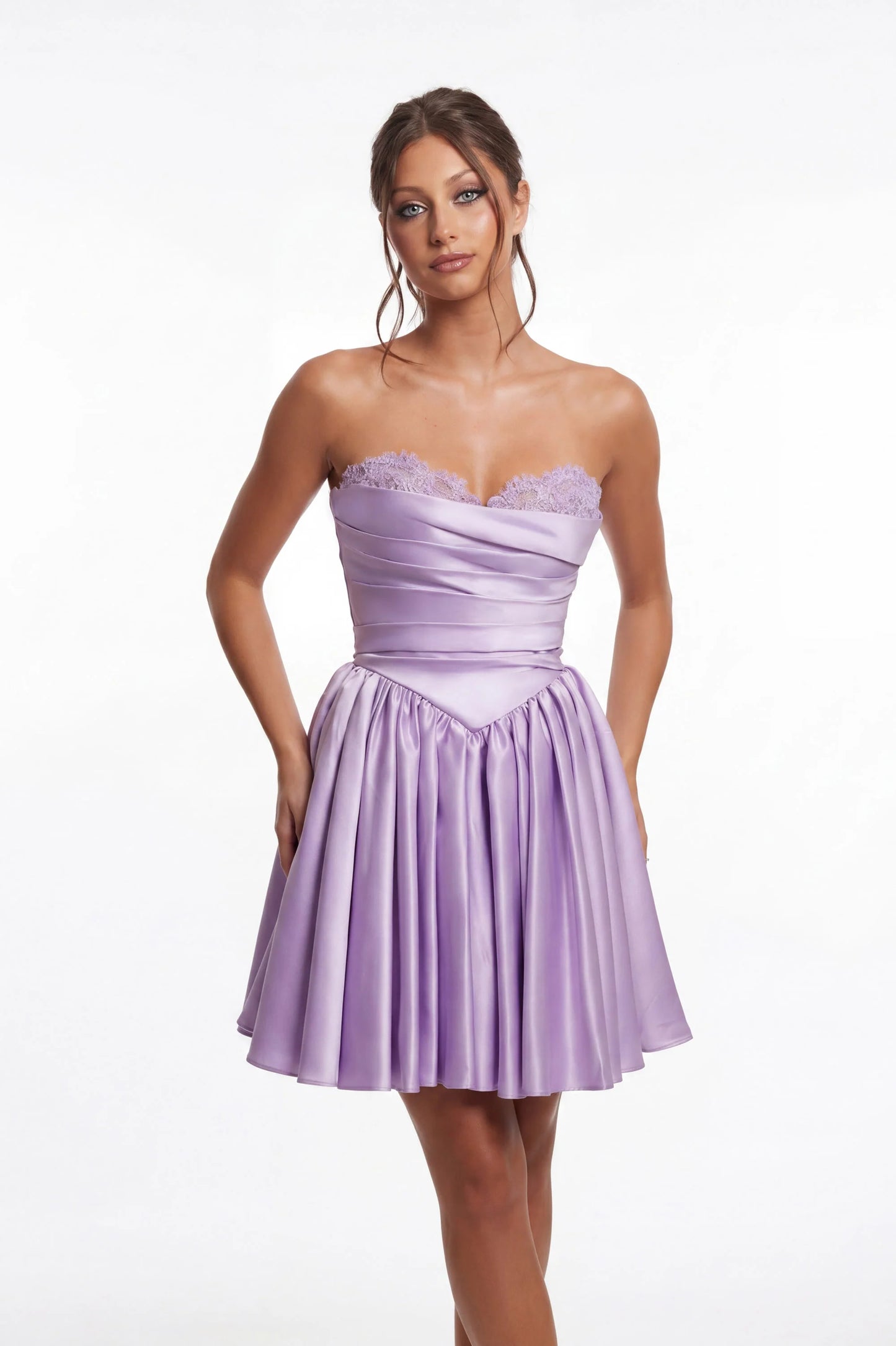 Portia & Scarlett XO215 Lilac Strapless Sweetheart Neckline Satin Flared Mini Dress