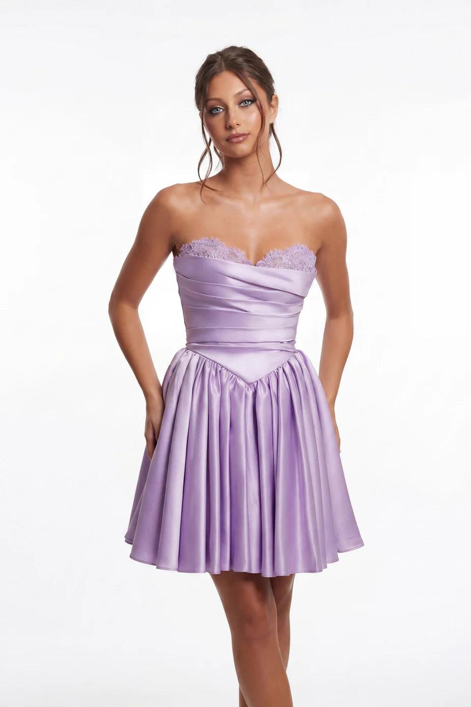 Portia & Scarlett XO215 Lilac Strapless Sweetheart Neckline Satin Flared Mini Dress